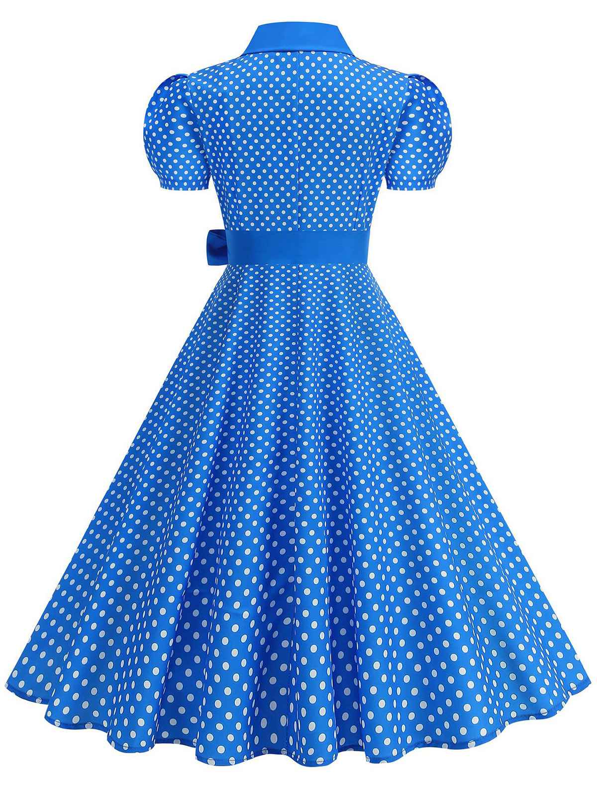 Robe évasée ceinturée col chemise unie à pois 1950s - Image 8