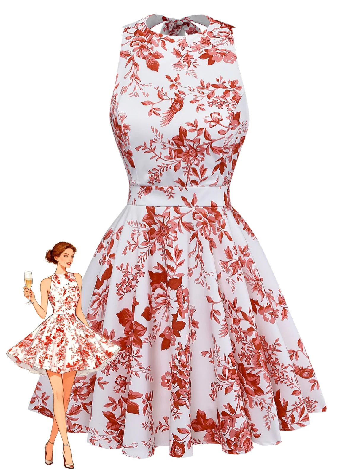Robe Évasée Dos Nu Imprimé Floral Années 1960