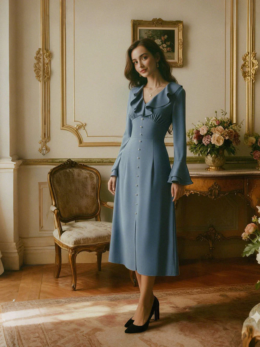 Robe fendue en satin bleu-gris à boutons des années 1940 - Image 2