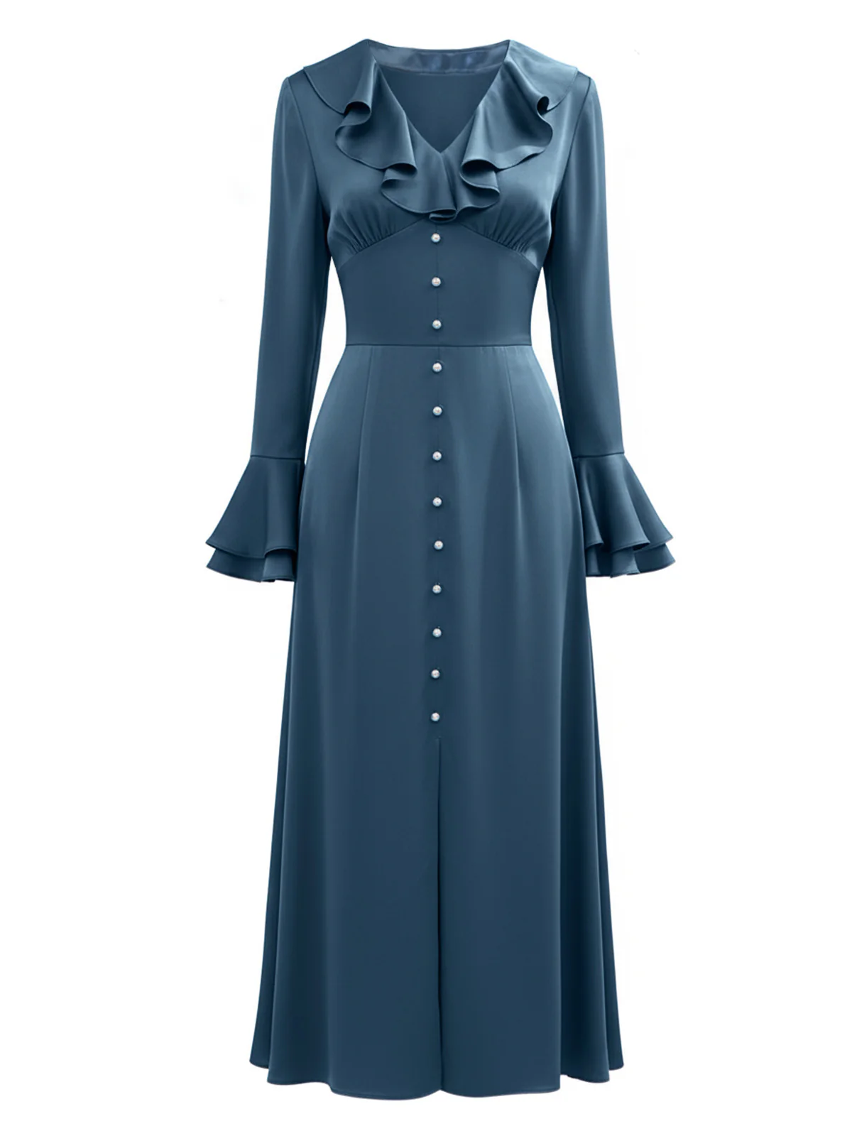 Robe fendue en satin bleu-gris à boutons des années 1940 - Image 3