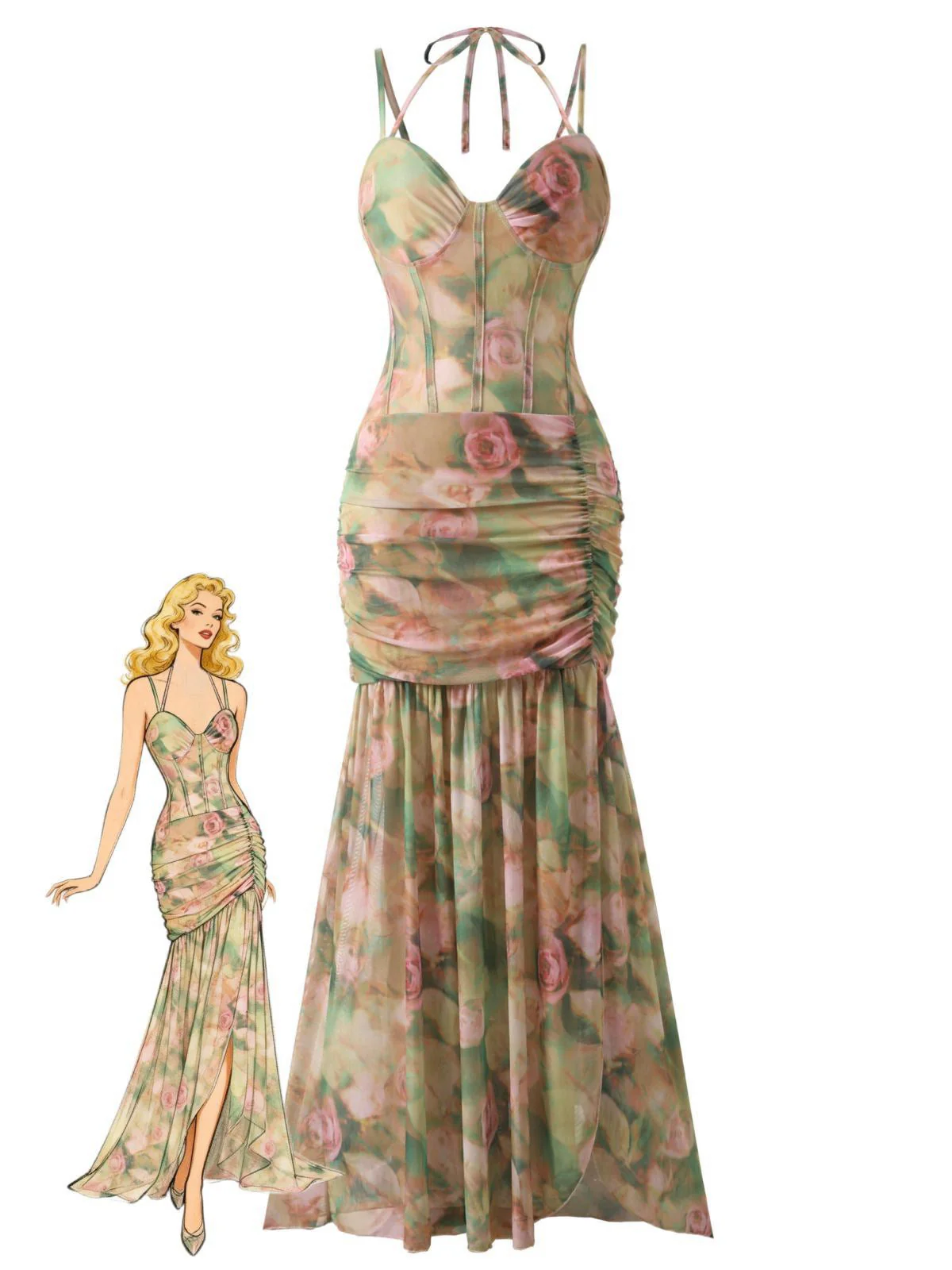 Robe fendue imprimé rose baleine froncée 1930s