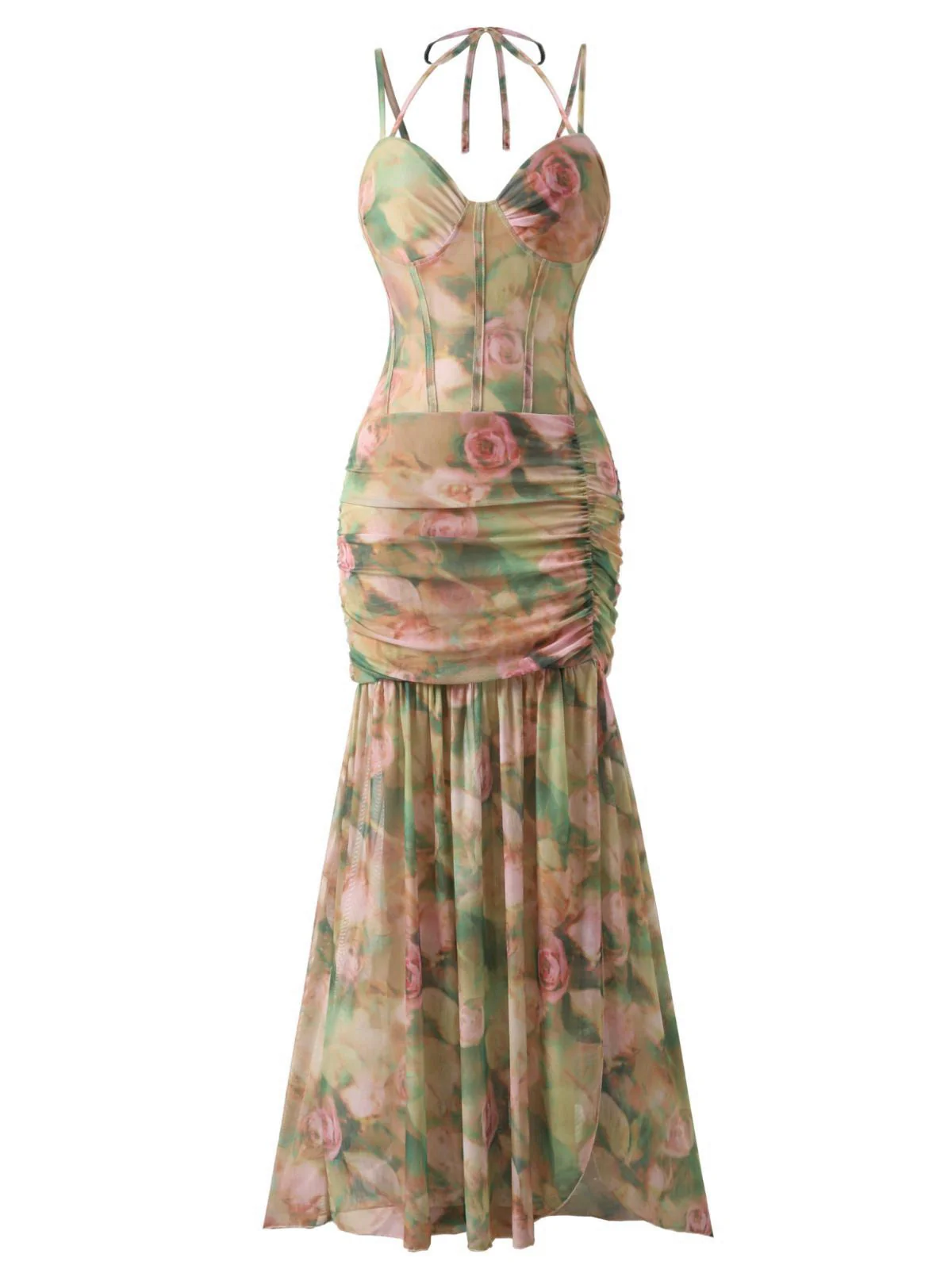 Robe fendue imprimé rose baleine froncée 1930s - Image 2