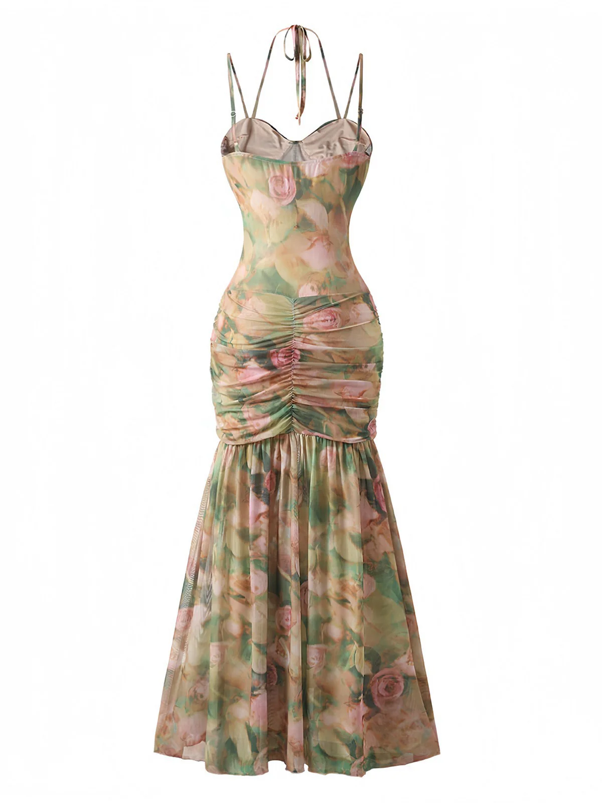 Robe fendue imprimé rose baleine froncée 1930s - Image 3