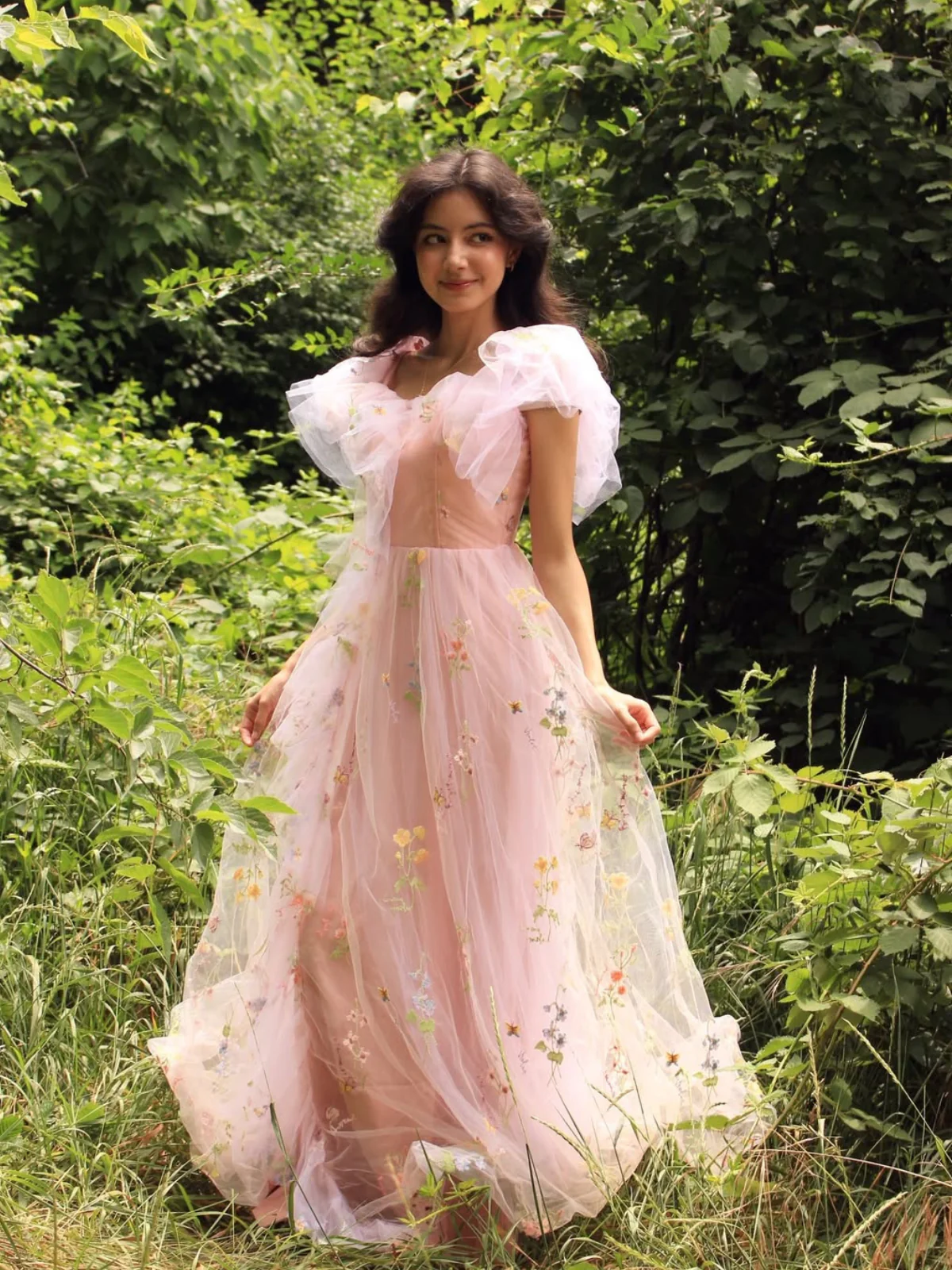 Robe fendue tulle fleurs rose 1970s - Image 4