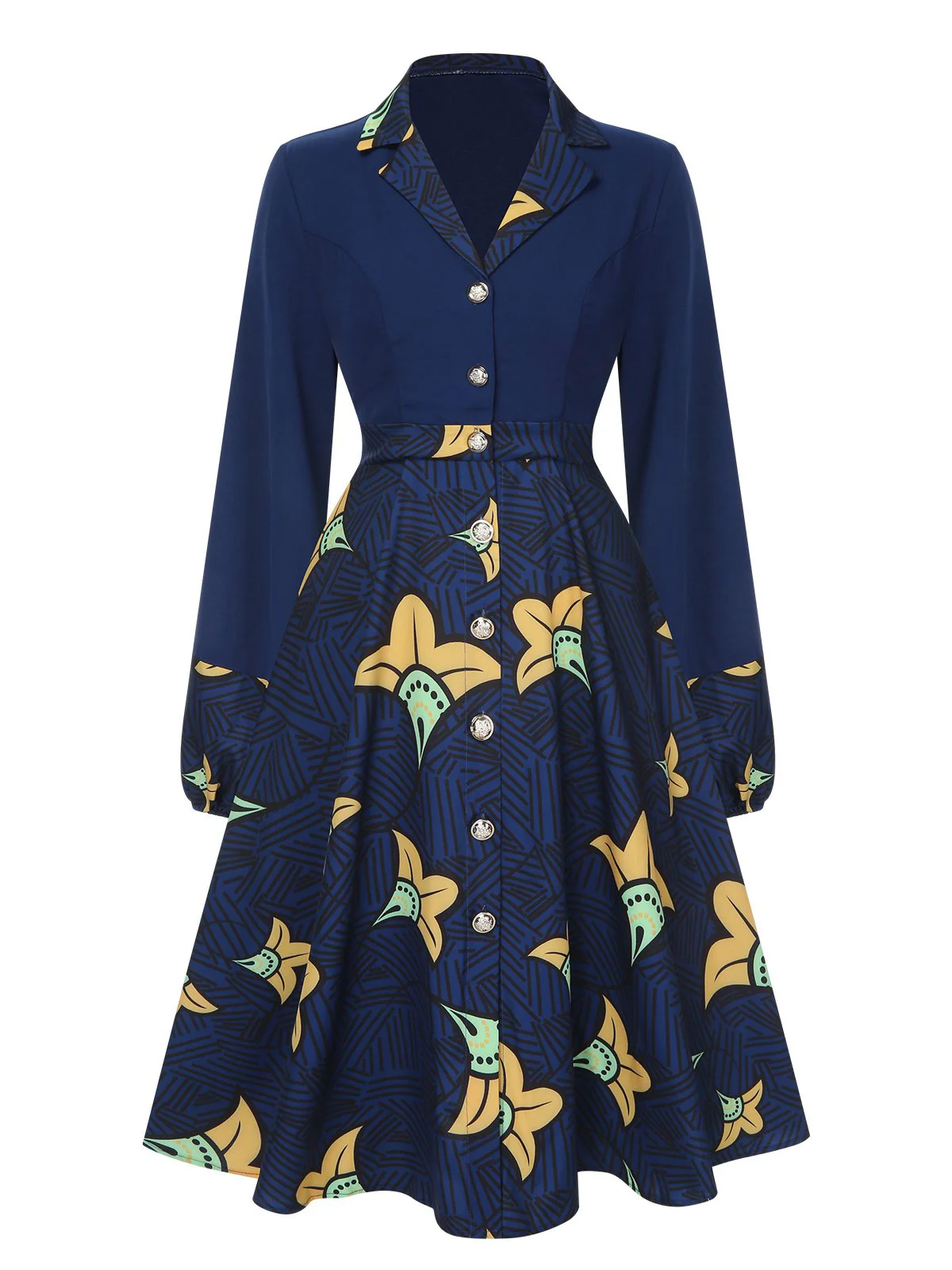 Robe fleurie bleu foncé à revers des années 1940 - Image 2