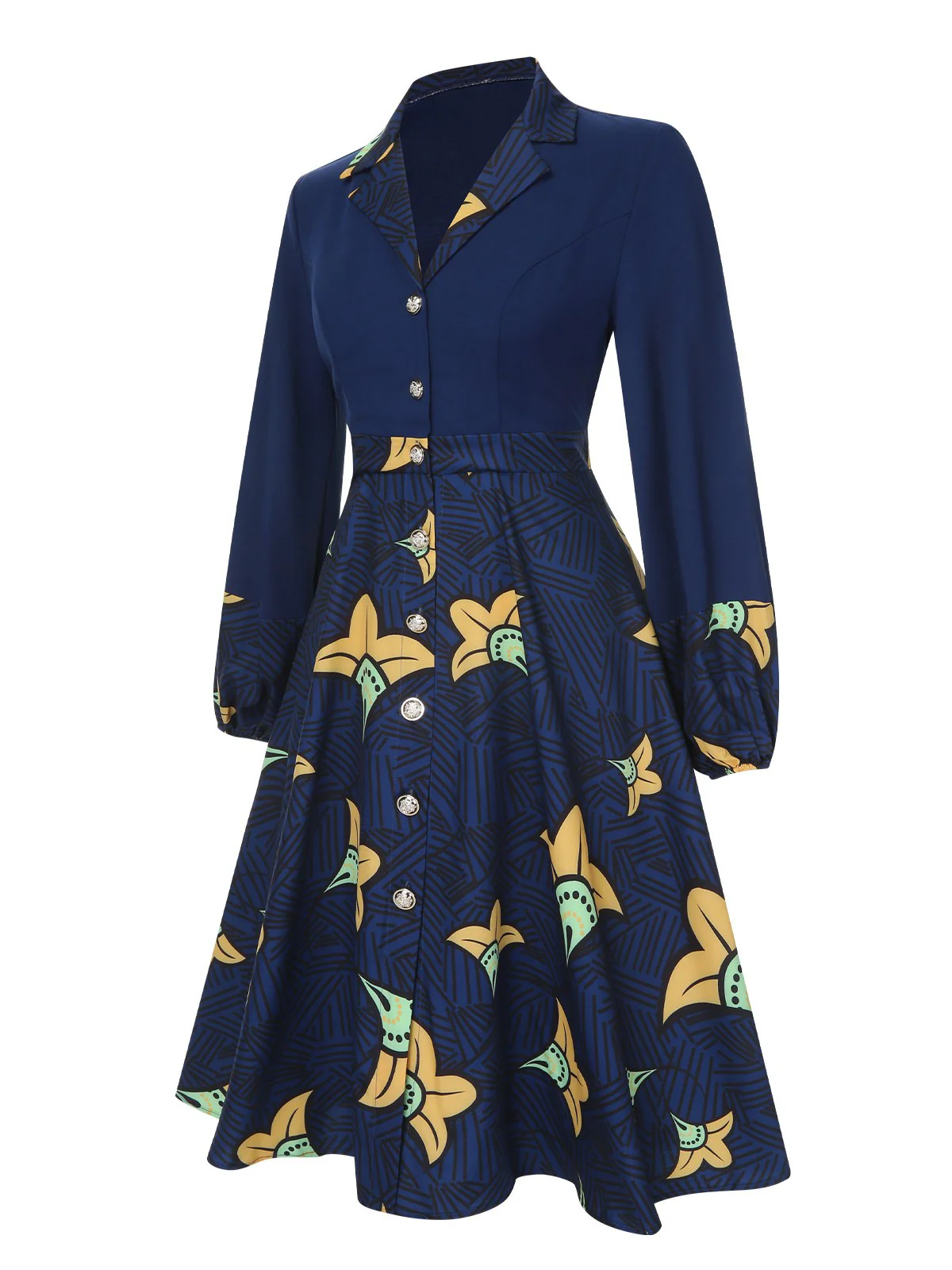 Robe fleurie bleu foncé à revers des années 1940 - Image 3