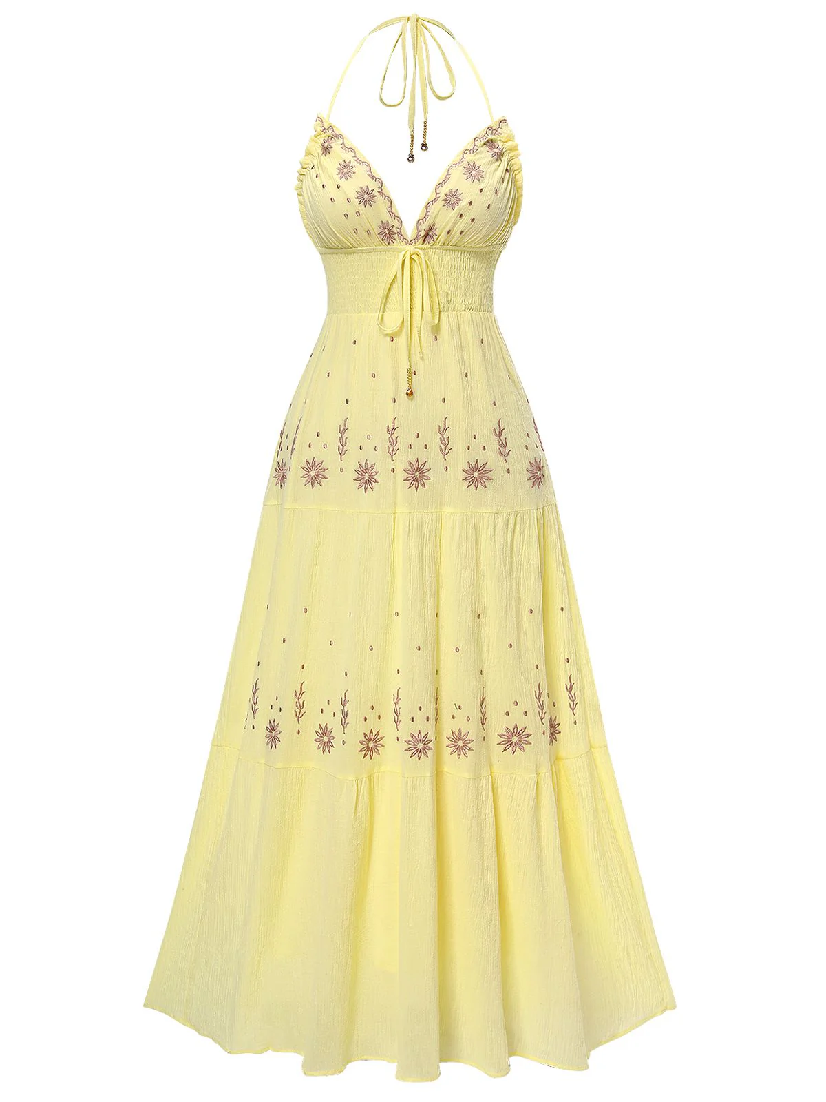 Robe fleurie brodée à col en V abricot des années 1930 - Image 3