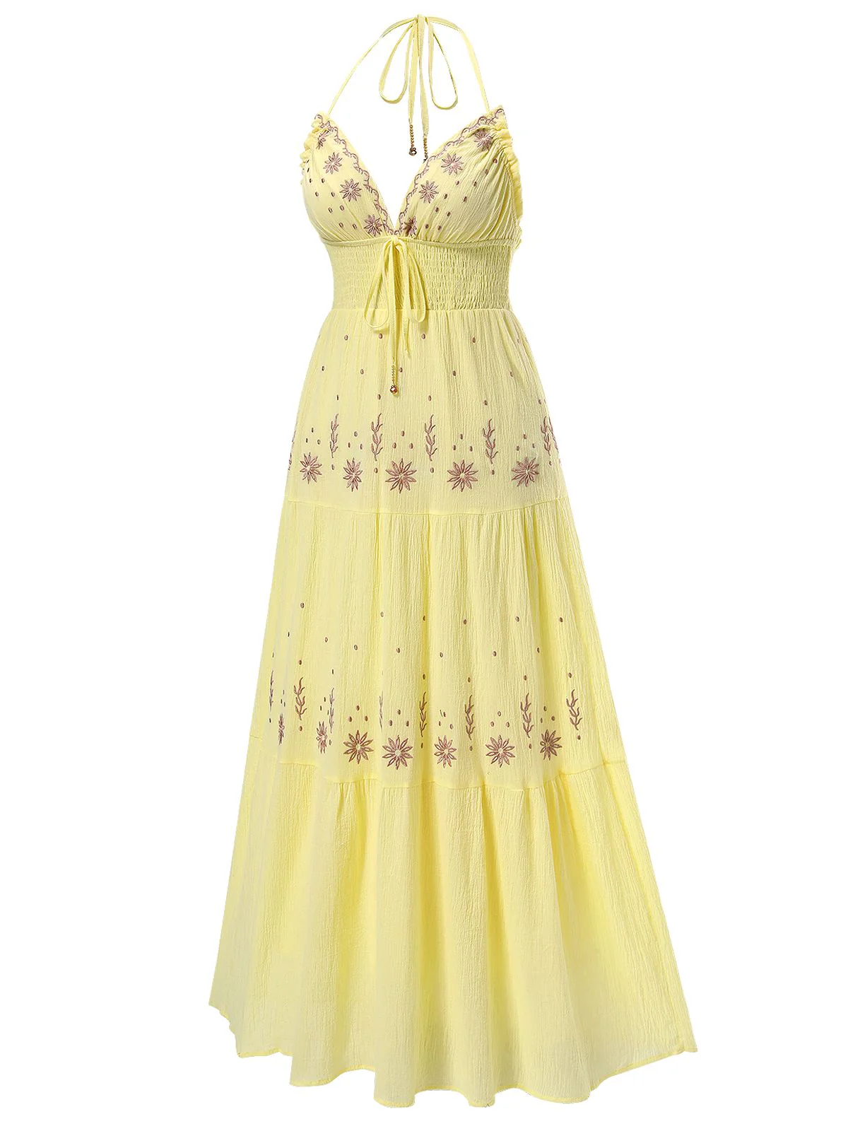 Robe fleurie brodée à col en V abricot des années 1930 - Image 4
