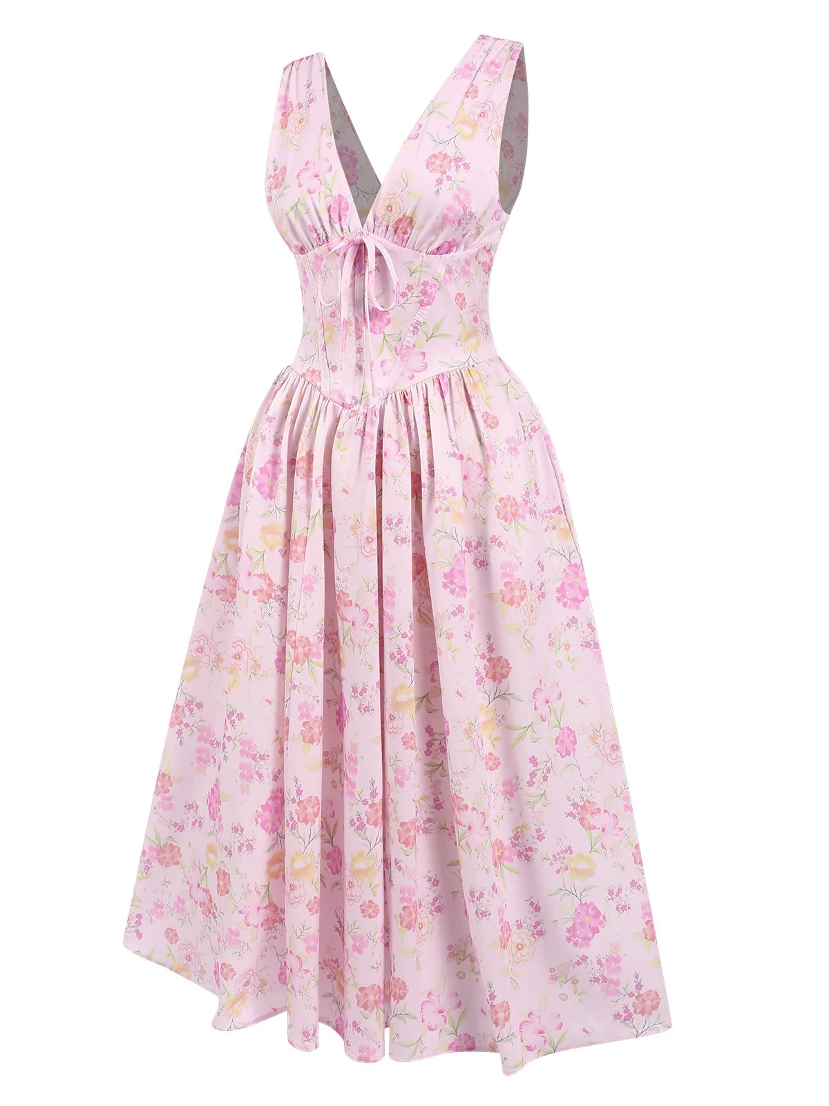 Robe fleurie rose à lacets et col en V profond des années 1950 - Image 2