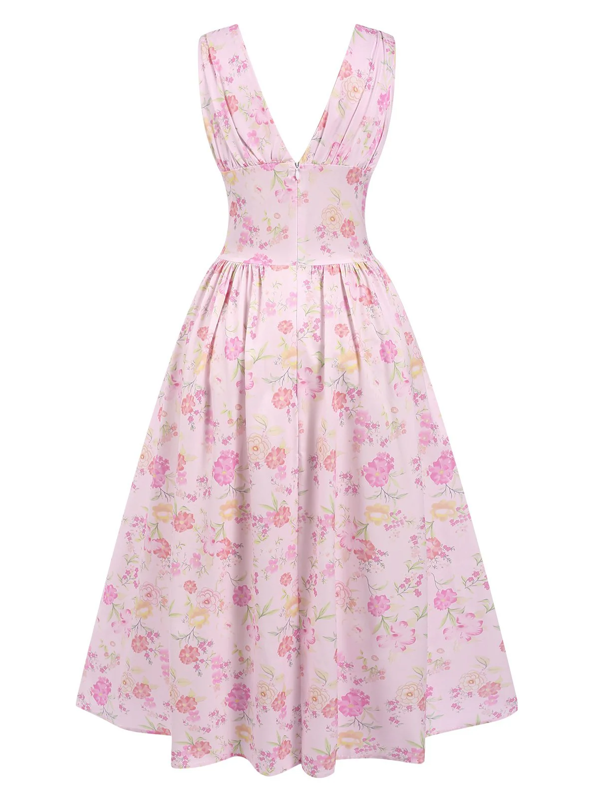 Robe fleurie rose à lacets et col en V profond des années 1950 - Image 3