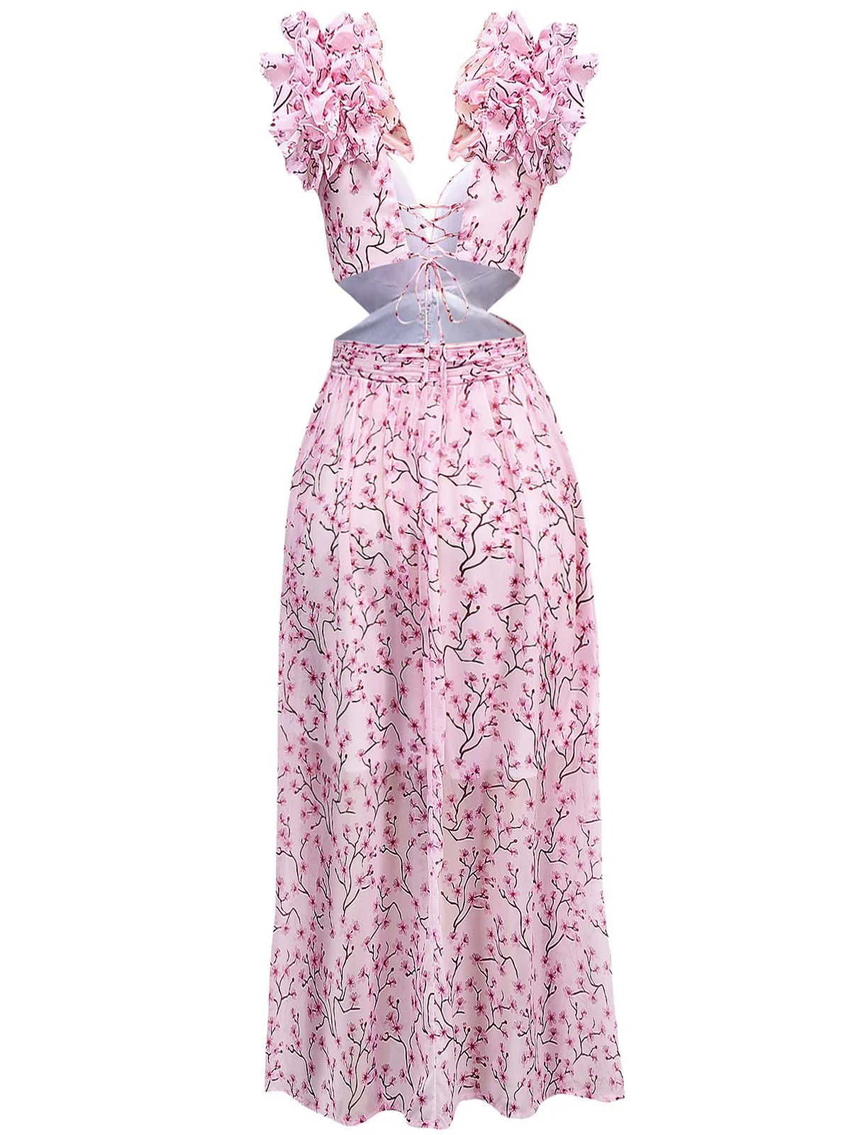 Robe fleurie rose découpée à volants col en V profond des années 1970 - Image 2