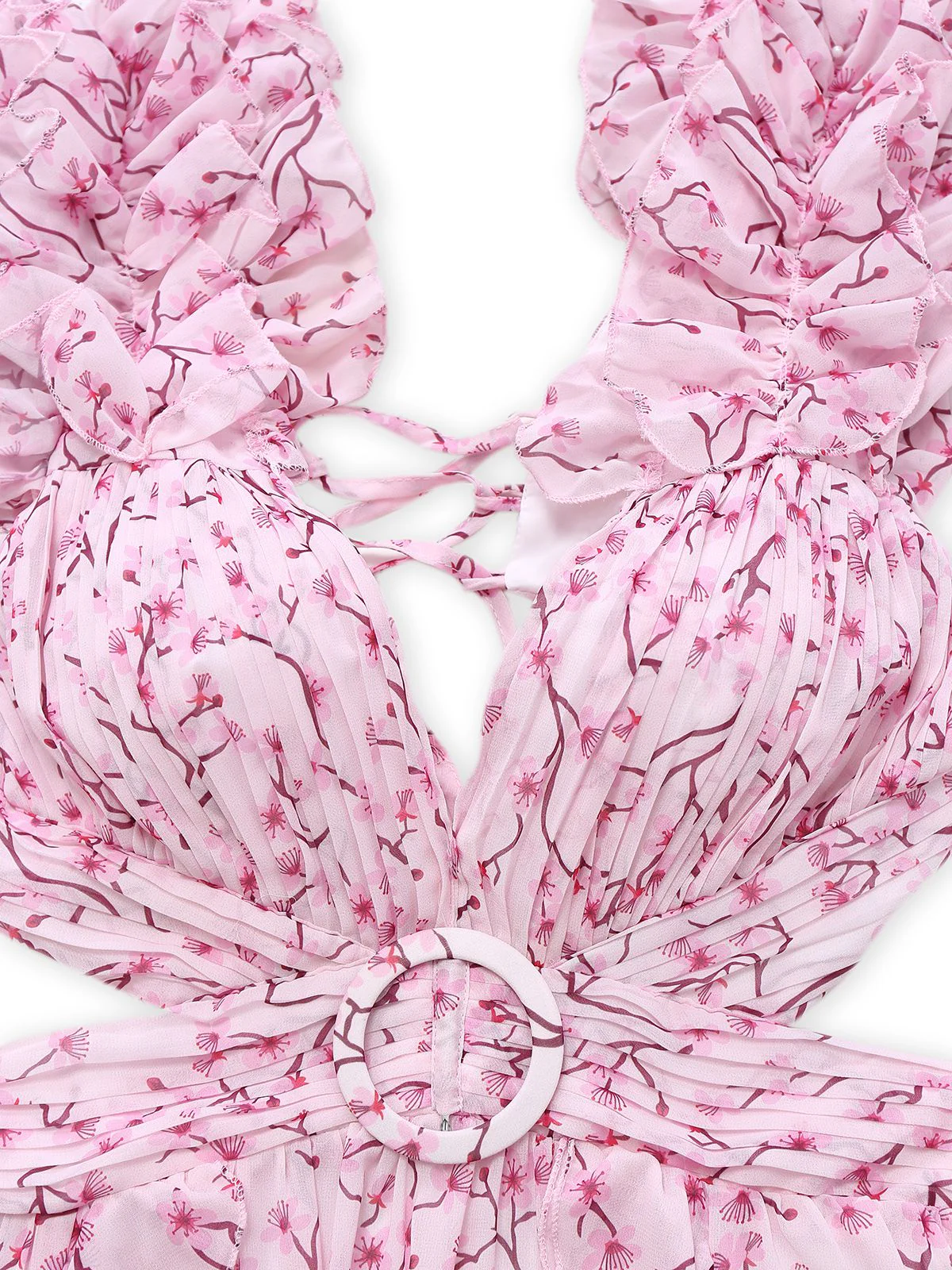 Robe fleurie rose découpée à volants col en V profond des années 1970 - Image 3