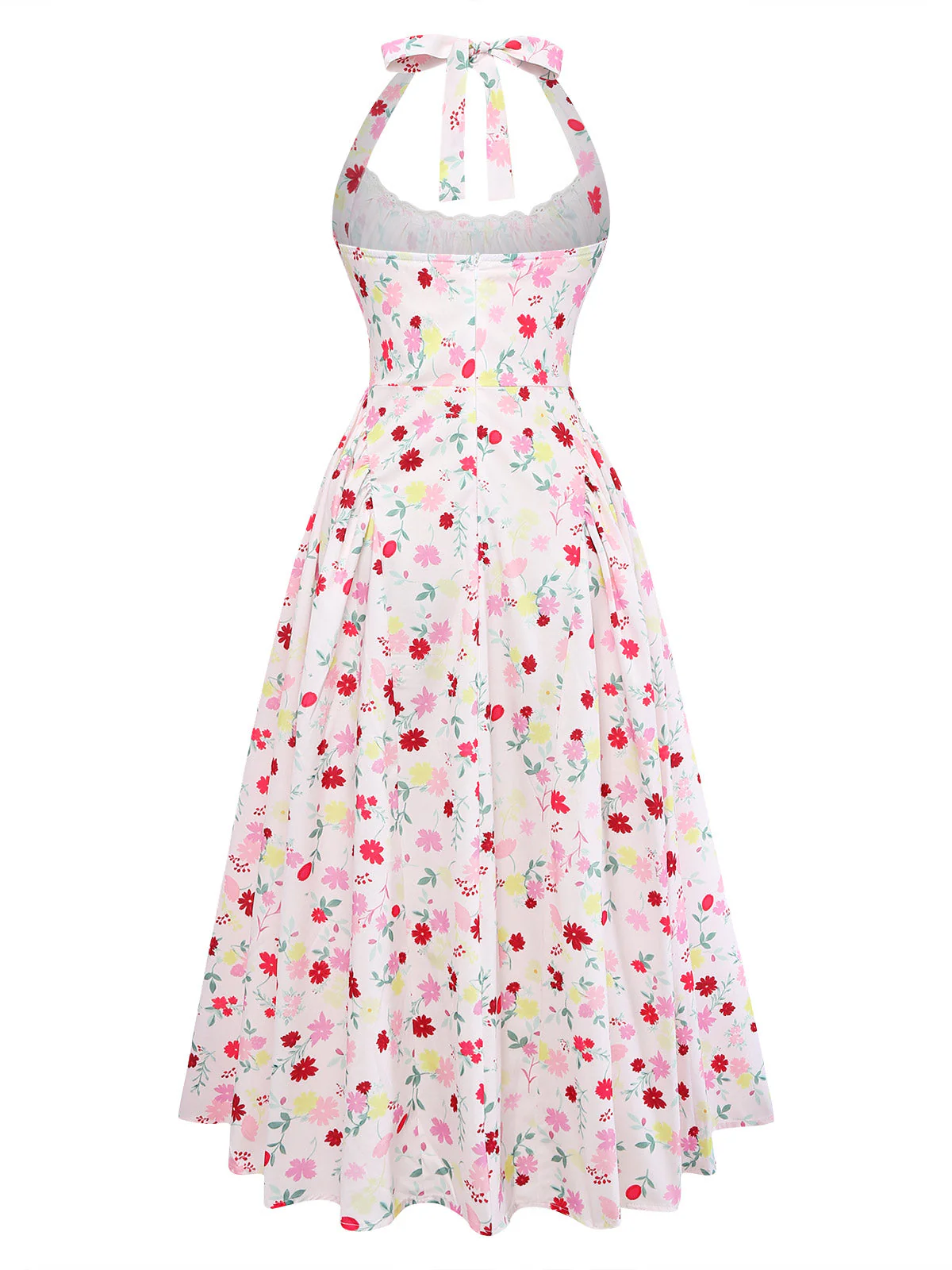 Robe Floral Col Licou Nœud Blanc & Rose Années 1950 - Image 2