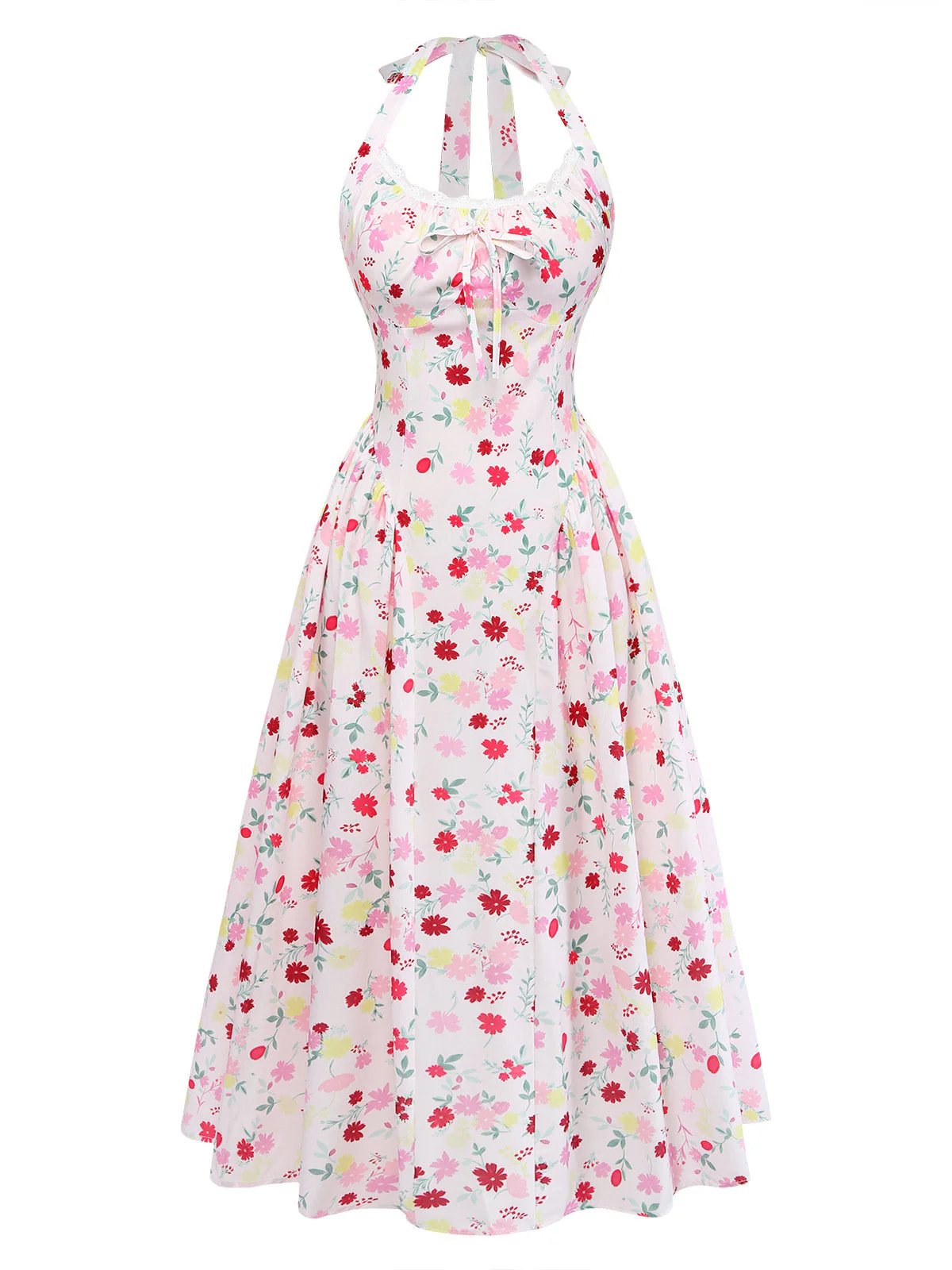 Robe Floral Col Licou Nœud Blanc & Rose Années 1950 - Image 3