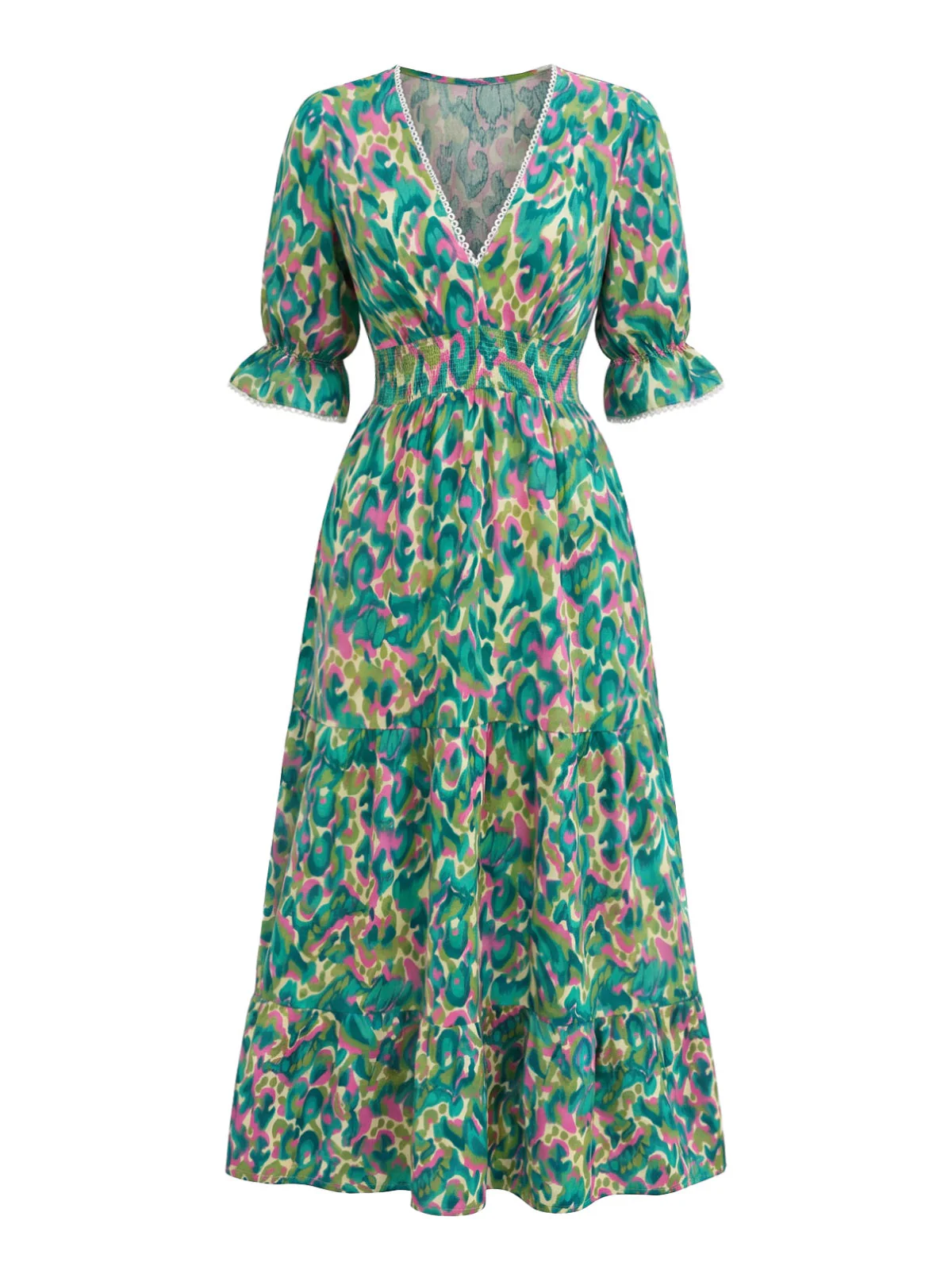 Robe Floral Col V à Volants Vert Années 1970 - Image 2