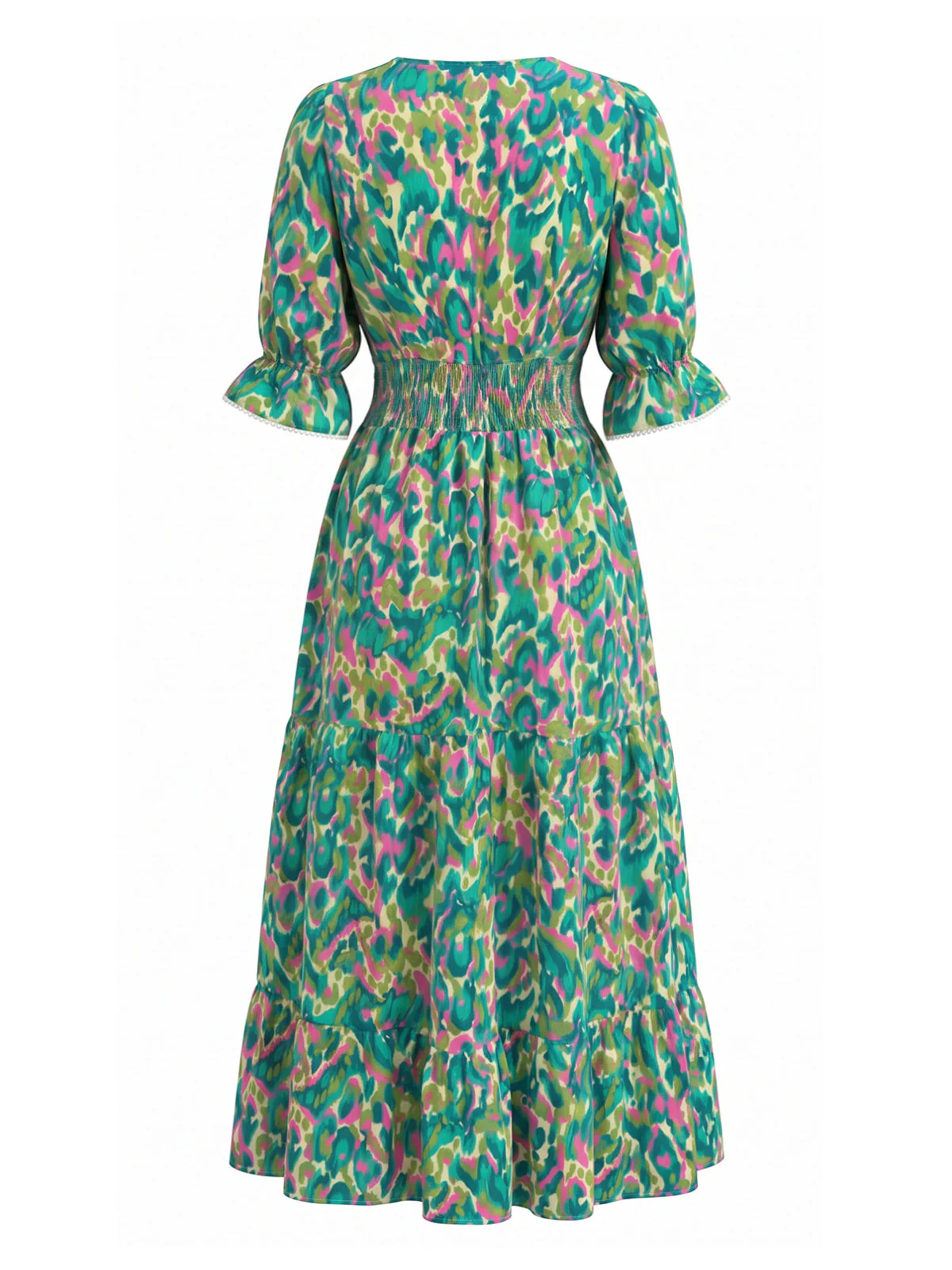Robe Floral Col V à Volants Vert Années 1970 - Image 3