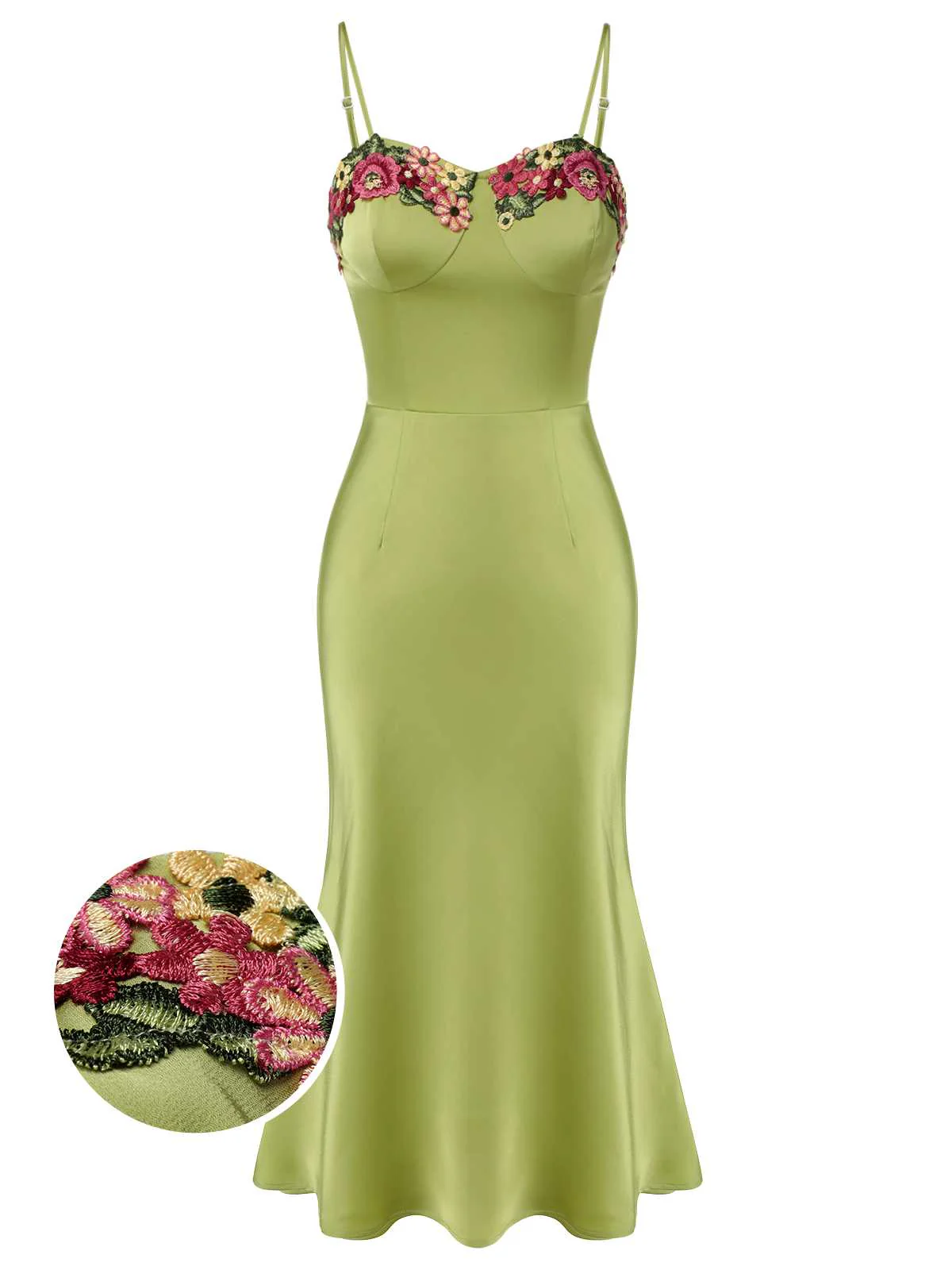 [Prévente] Robe florale brodé verte à bretelles spaghetti des années 1960