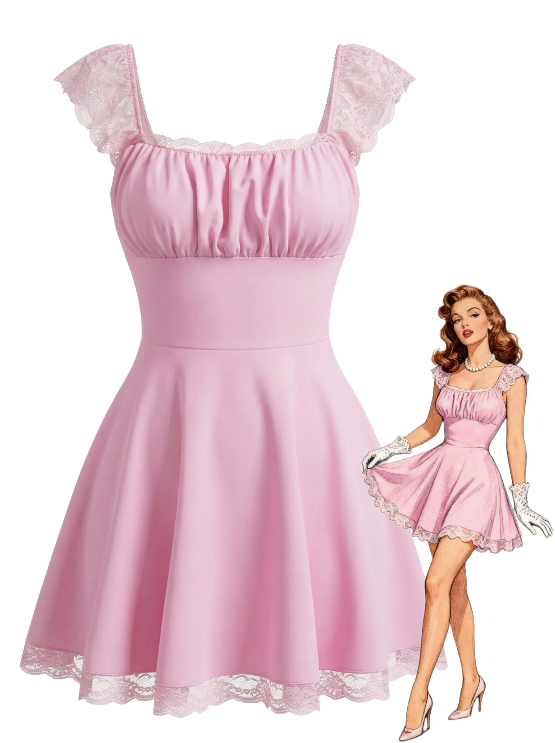 Robe française dentelle dos nu et col carré années 1960