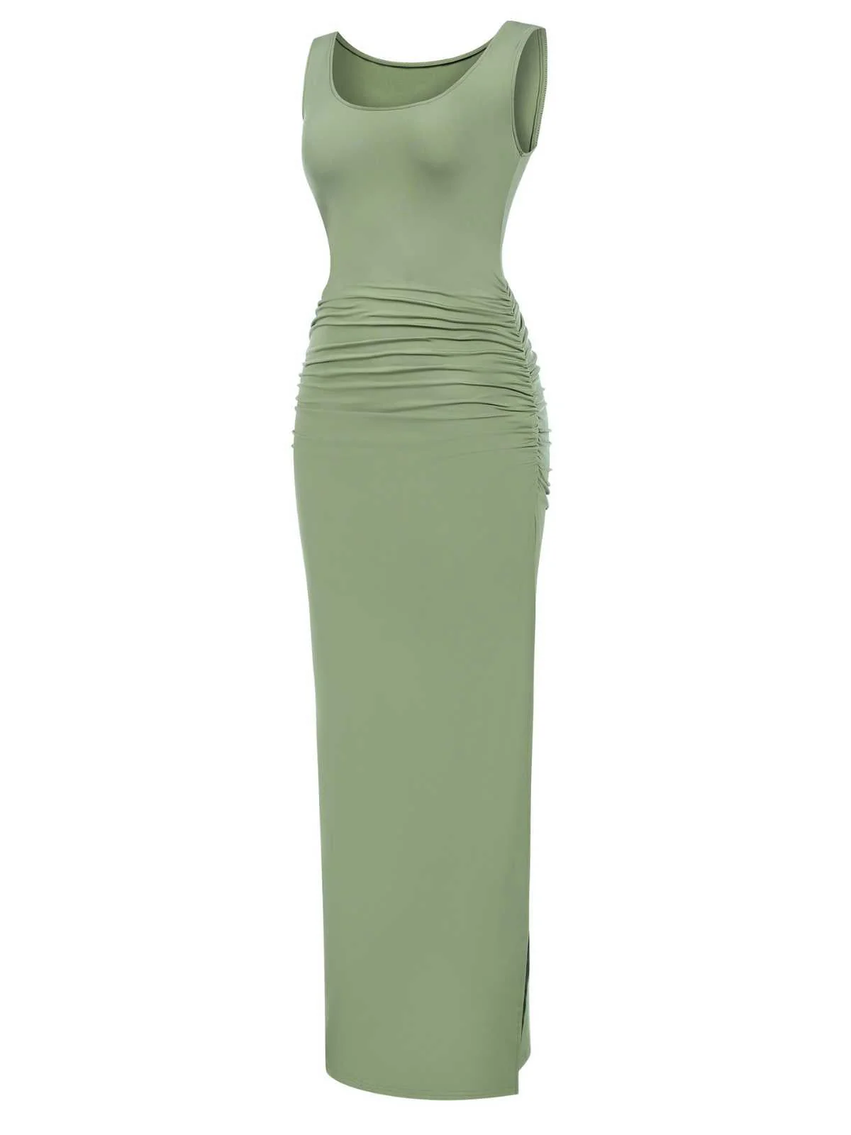 Robe froncée fendue à col carré et à imprimé uni des années 1930 - Image 7