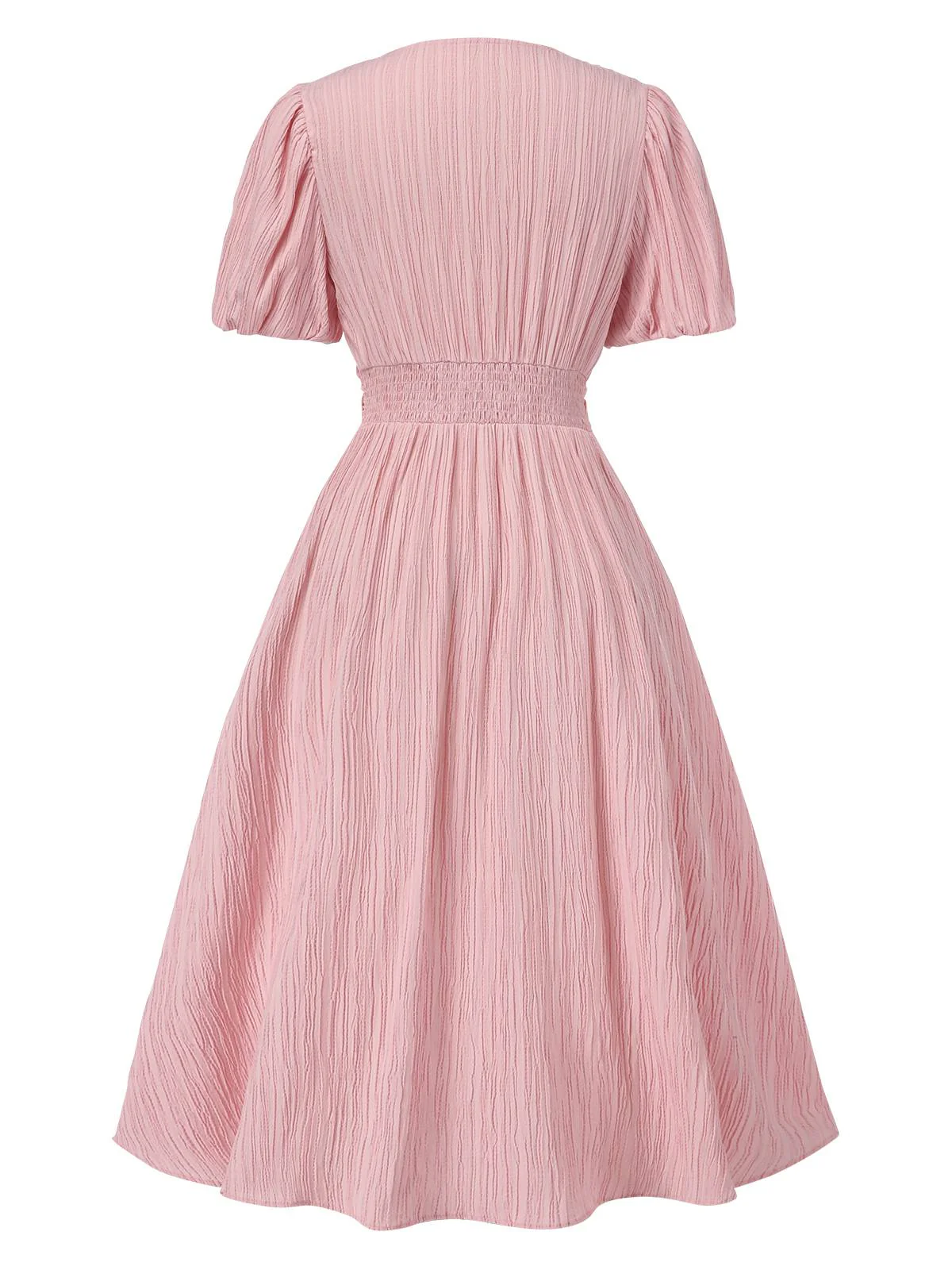 Robe froncée rose rayures fines col V manches bouffantes années 1950 - Image 2