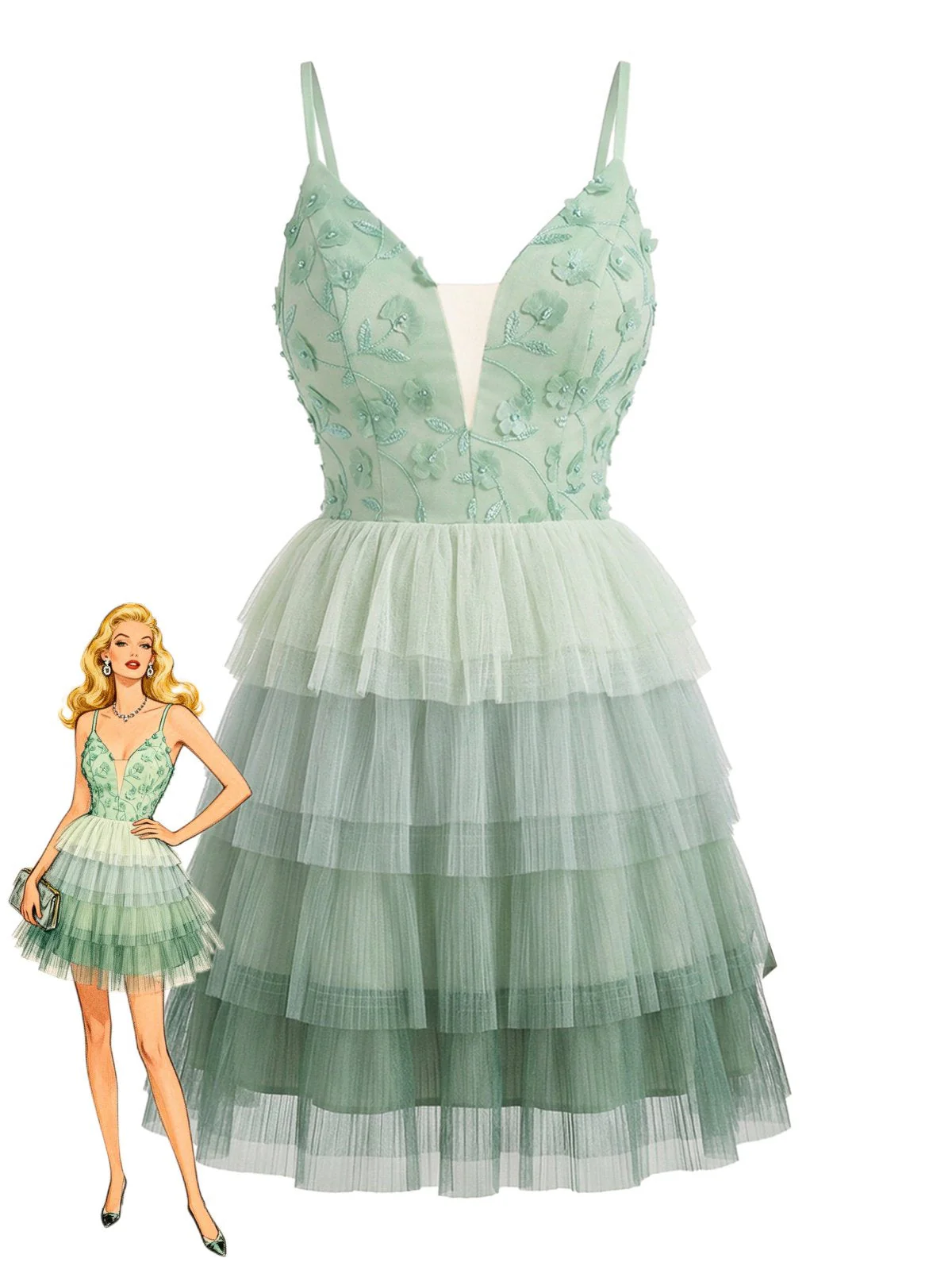 Robe gâteau tulle vert volants 1960s