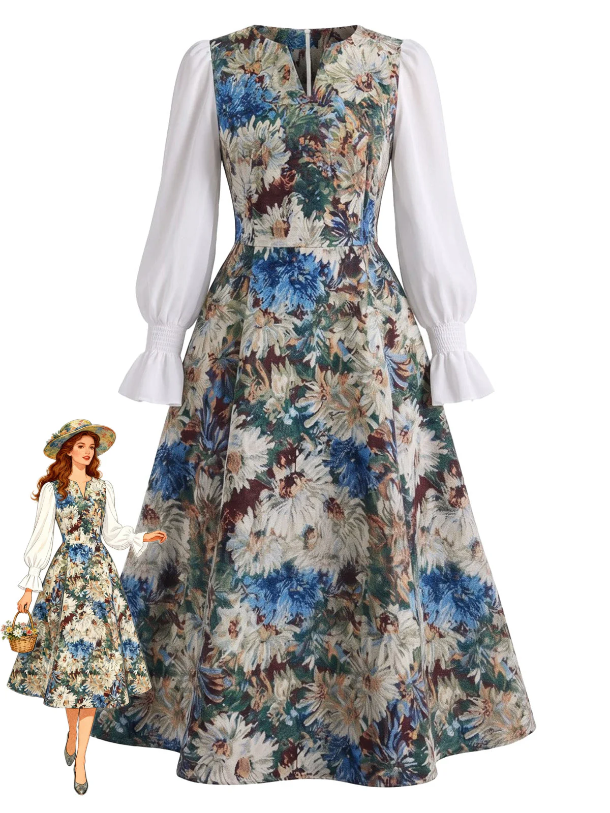 Robe Imprimé Floral Pictural Manches Longues Années 1950