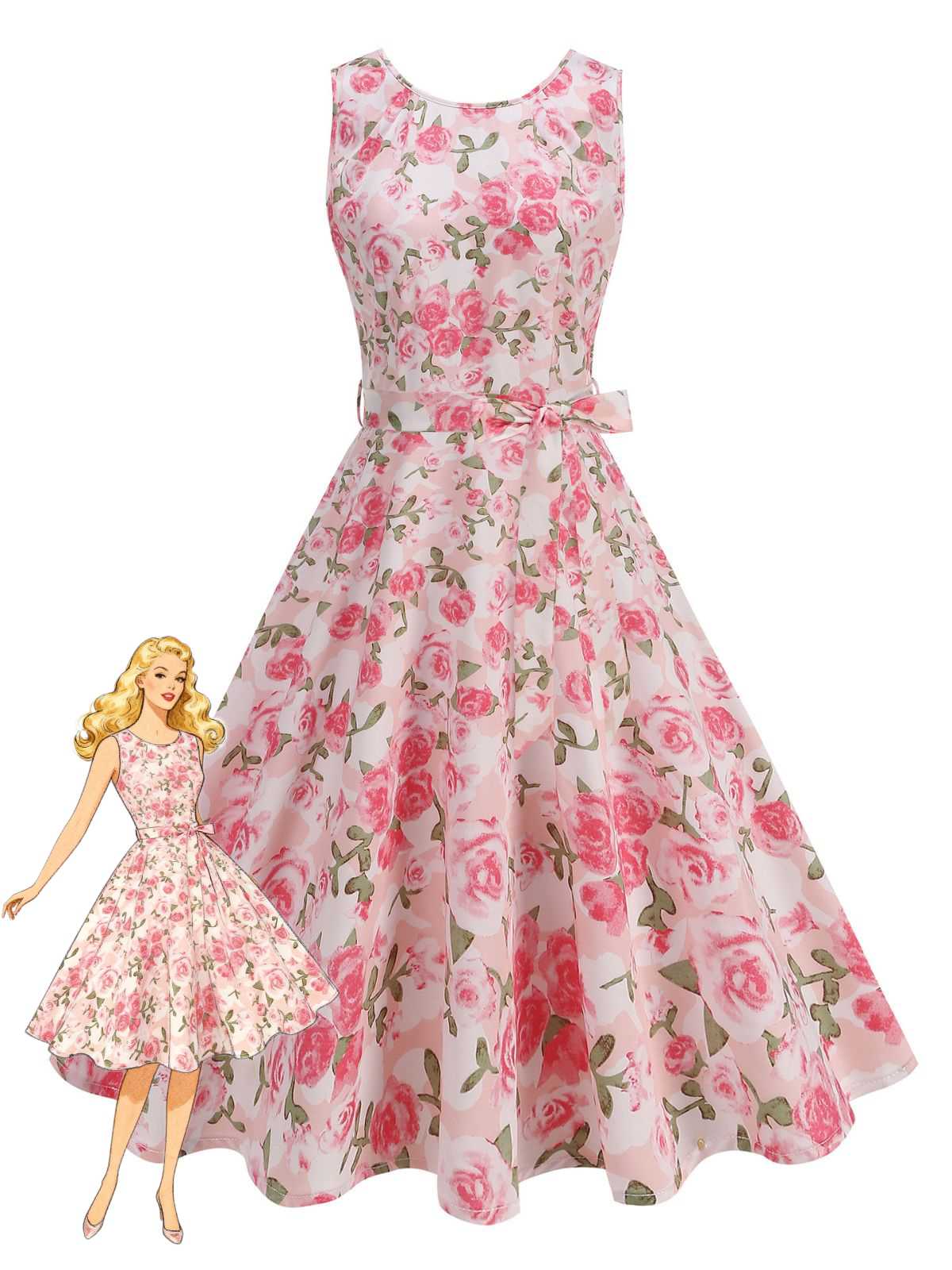 Robe imprimé roses évasée et ceinture 1950s