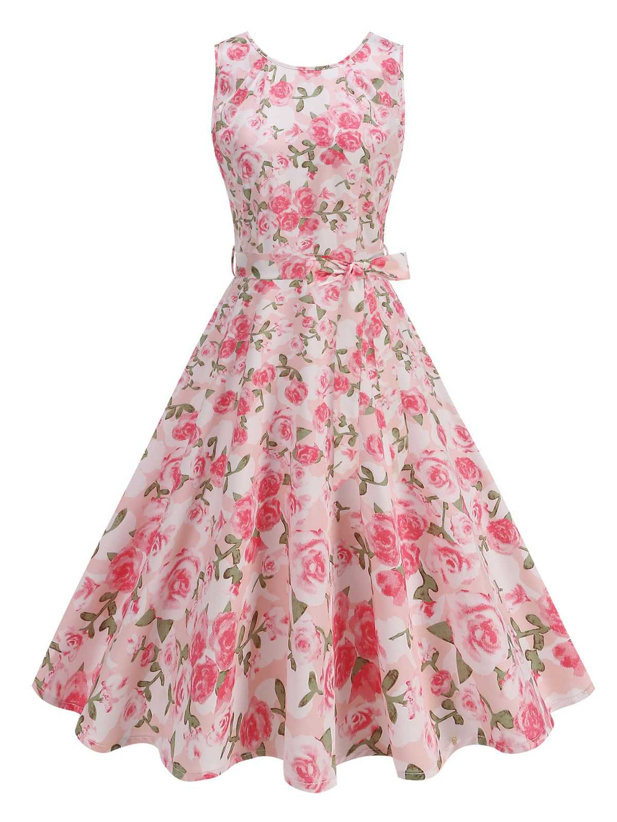 Robe imprimé roses évasée et ceinture 1950s - Image 2