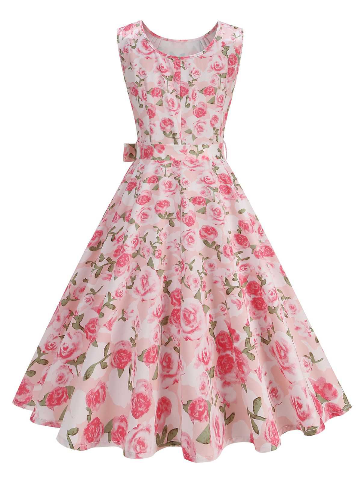 Robe imprimé roses évasée et ceinture 1950s - Image 3