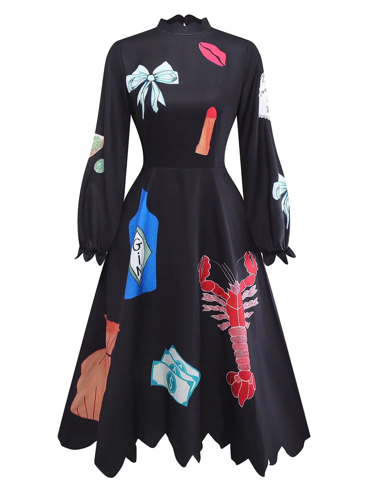 Robe imprimés de homard manga col zigzag manches lanternes noire années 1950 - Image 2