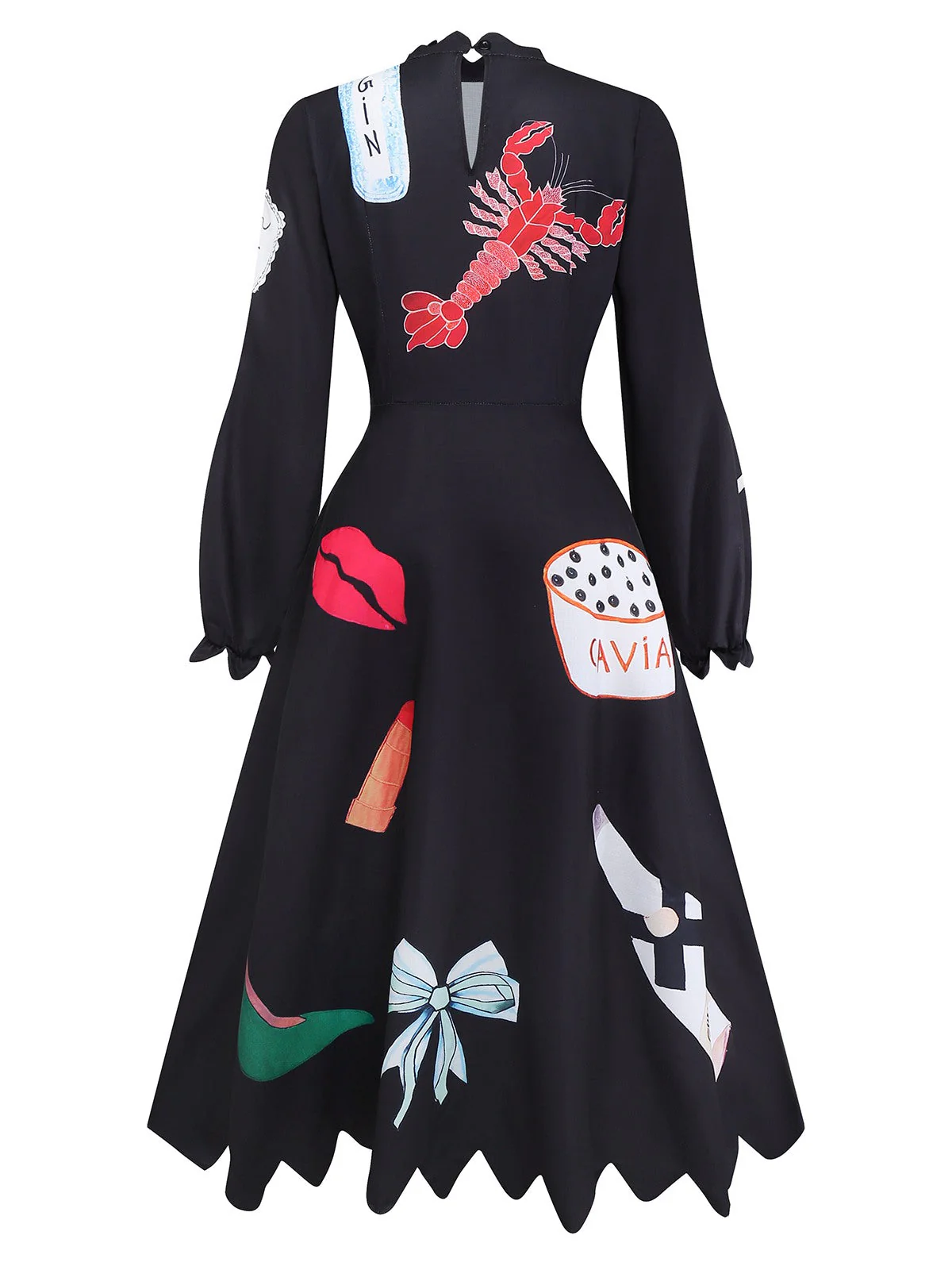 Robe imprimés de homard manga col zigzag manches lanternes noire années 1950 - Image 3