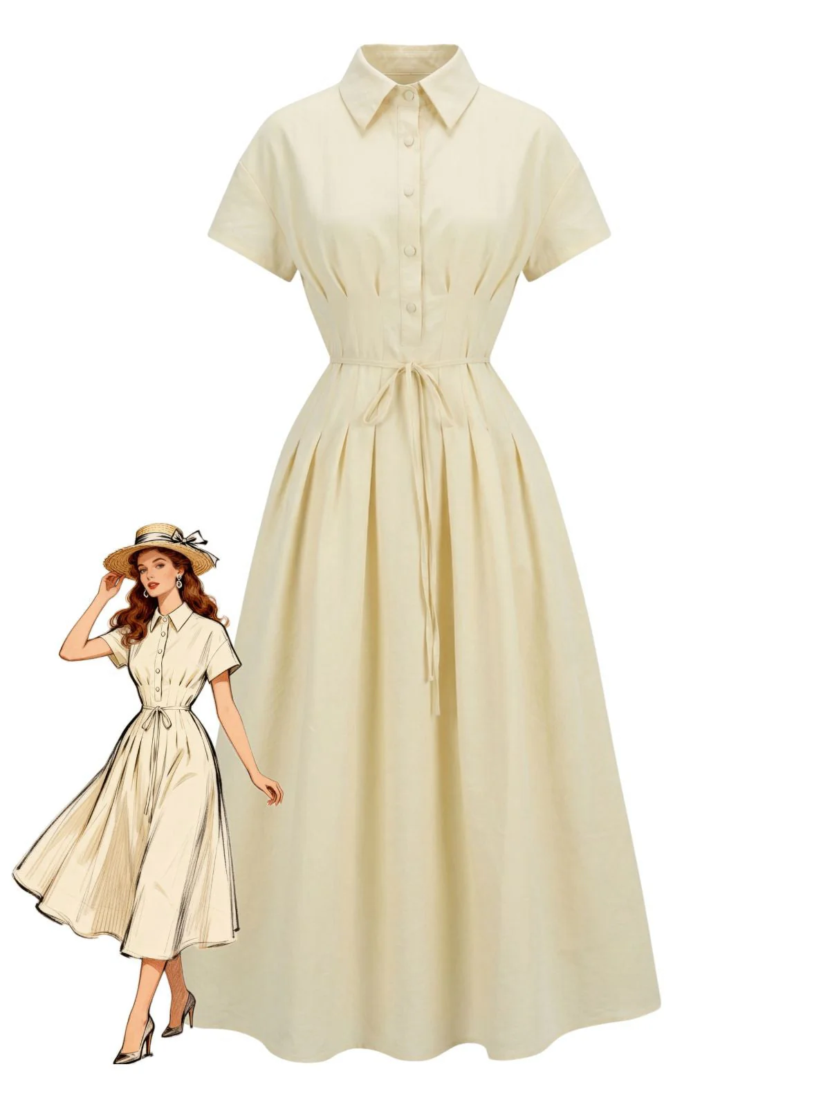 Robe jaune à col boutonné et ceinture à nouer années 1940