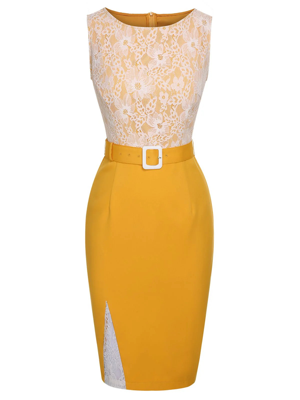 Robe jaune en dentelle unie avec ceinture et patchwork des années 1960 - Image 3