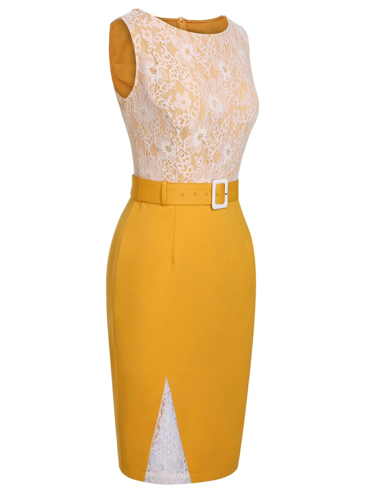 Robe jaune en dentelle unie avec ceinture et patchwork des années 1960 - Image 4