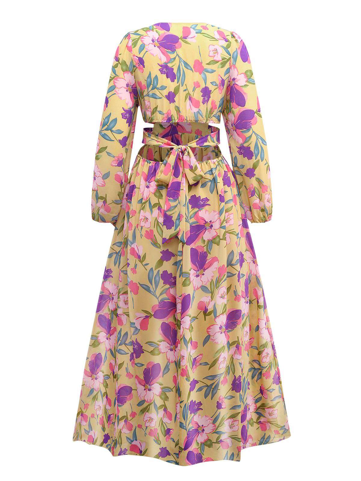Robe jaune fleur à volants et col en V profond années 1930 - Image 2