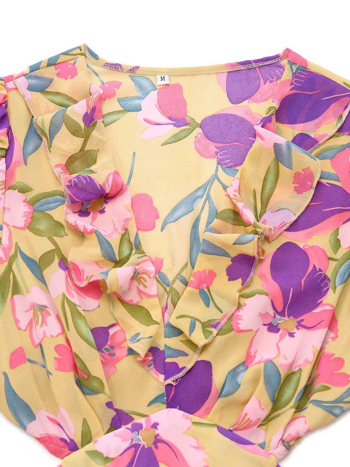 Robe jaune fleur à volants et col en V profond années 1930 - Image 3