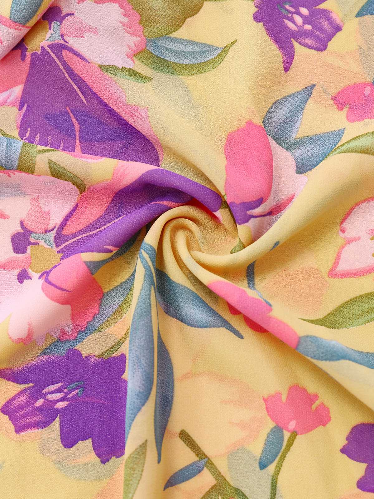Robe jaune fleur à volants et col en V profond années 1930 - Image 5
