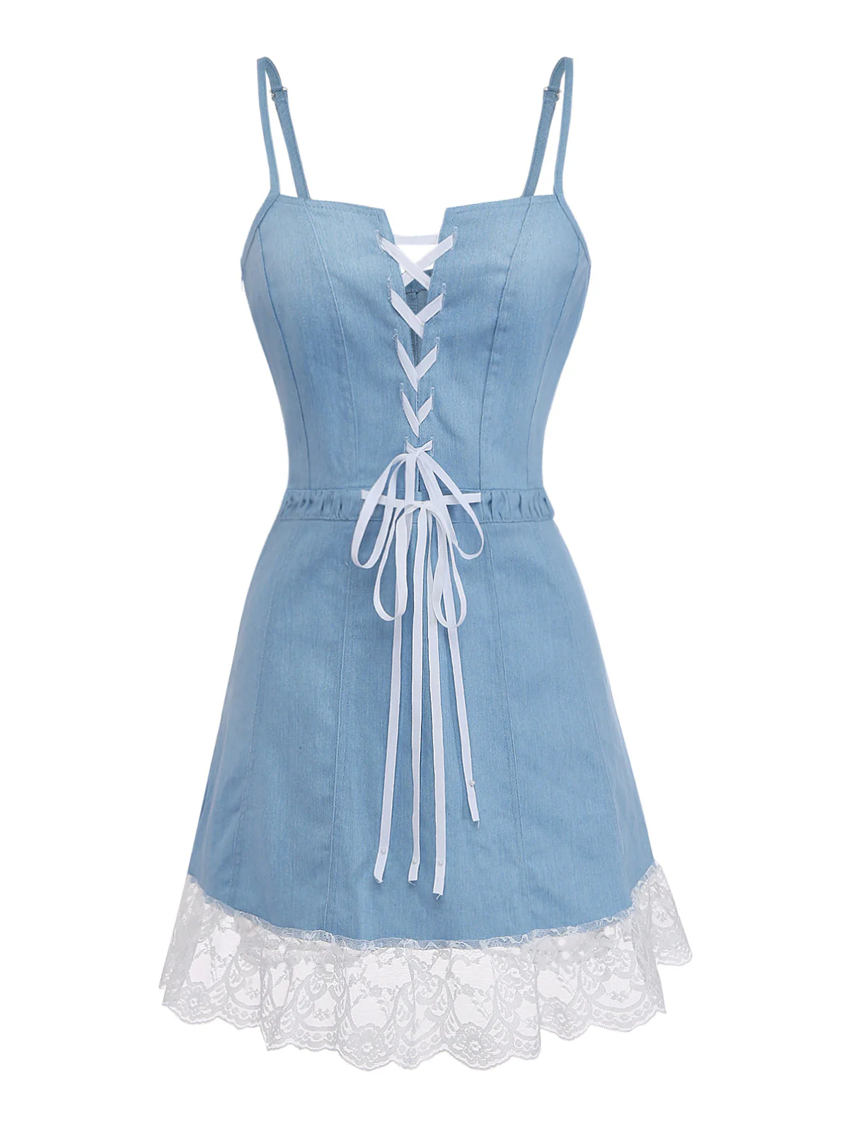 Robe Jean Bleu Courte Bretelles Lacets Dentelle Années 1980 - Image 2