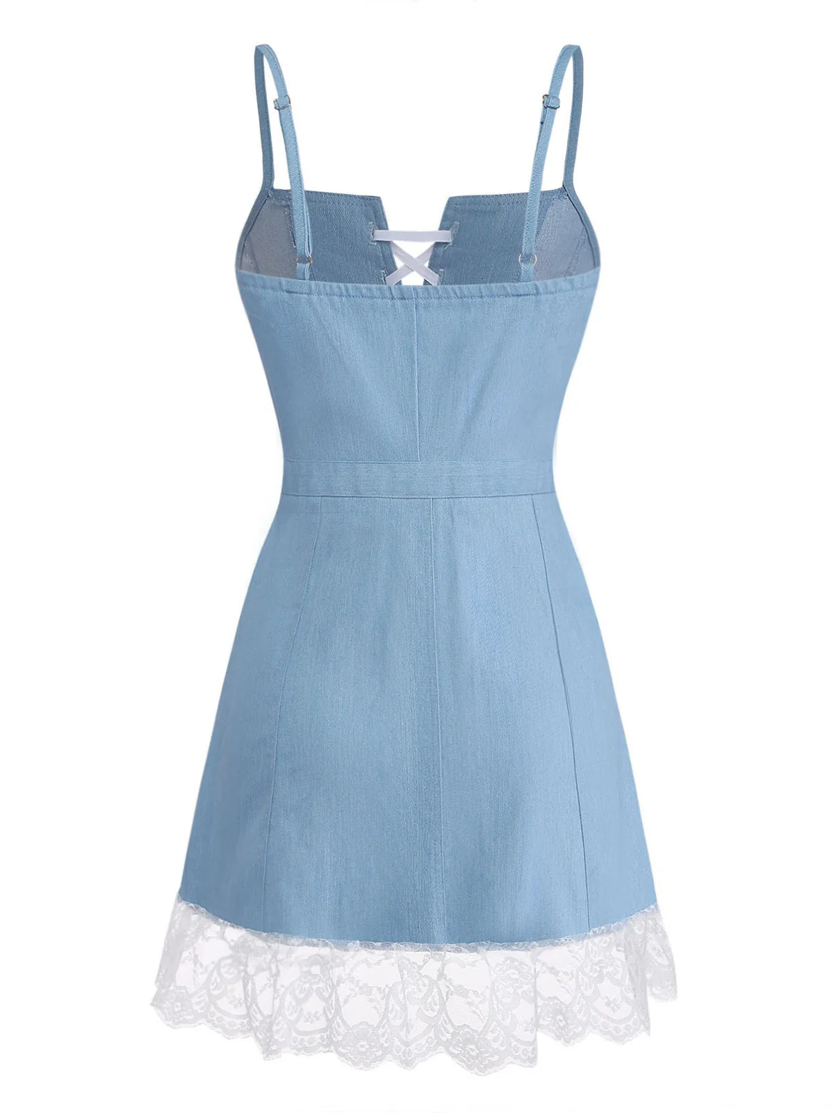 Robe Jean Bleu Courte Bretelles Lacets Dentelle Années 1980 - Image 3
