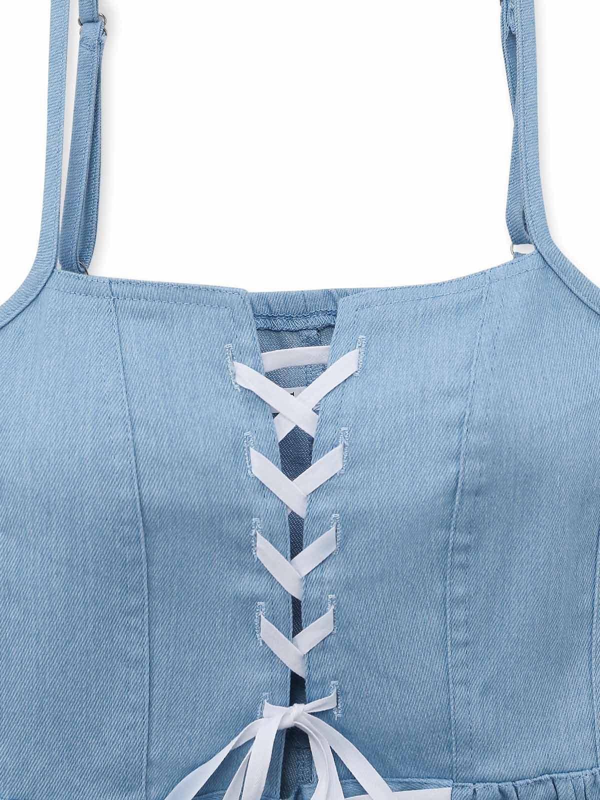 Robe Jean Bleu Courte Bretelles Lacets Dentelle Années 1980 - Image 4