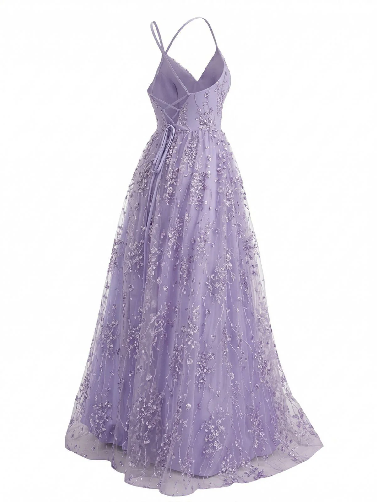 Robe lavande sequins col V fines bretelles spaghetti 1930s - Image 3