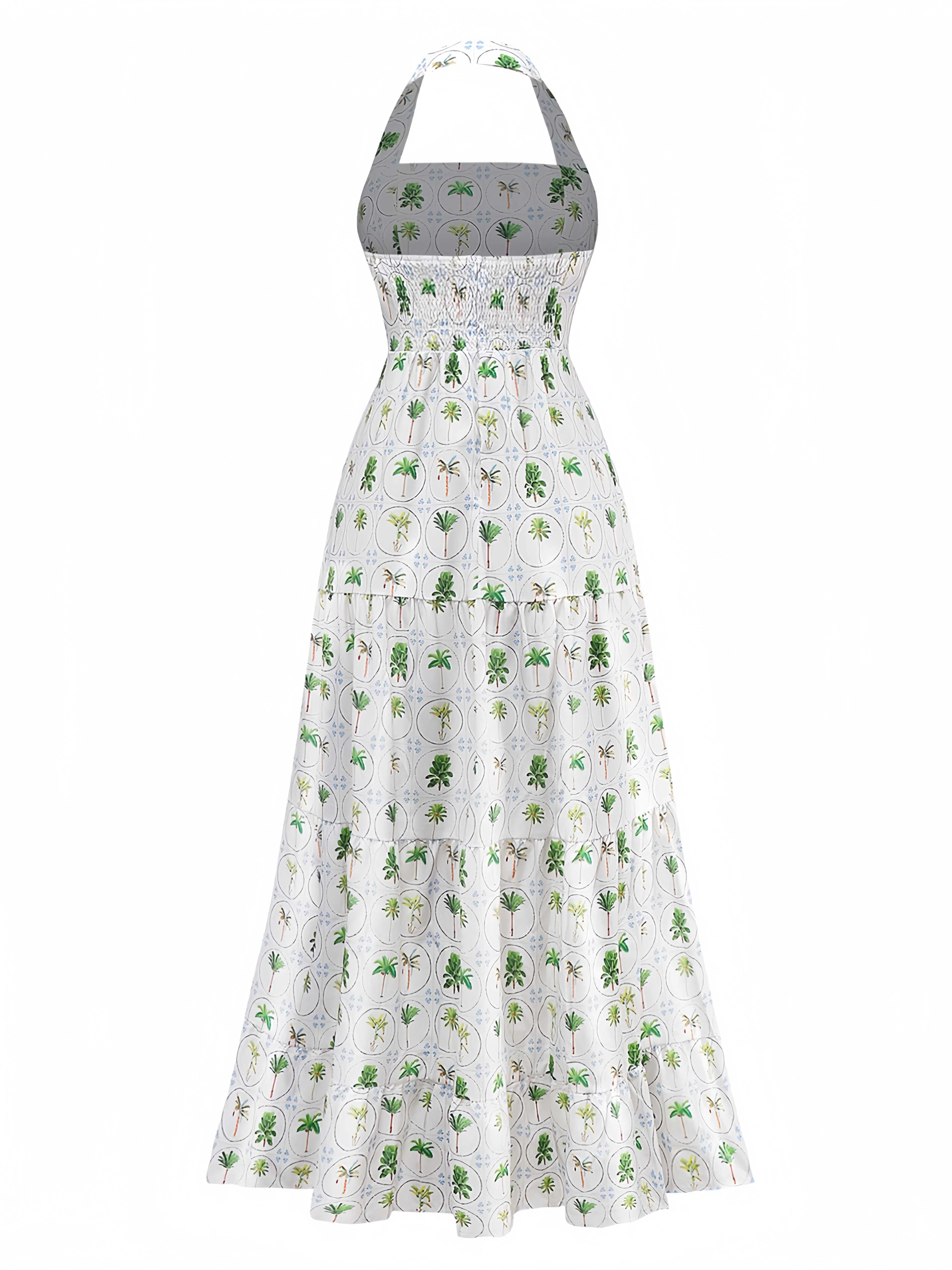 Robe licou verte à imprimé palmiers et carreaux des années 1970 - Image 2