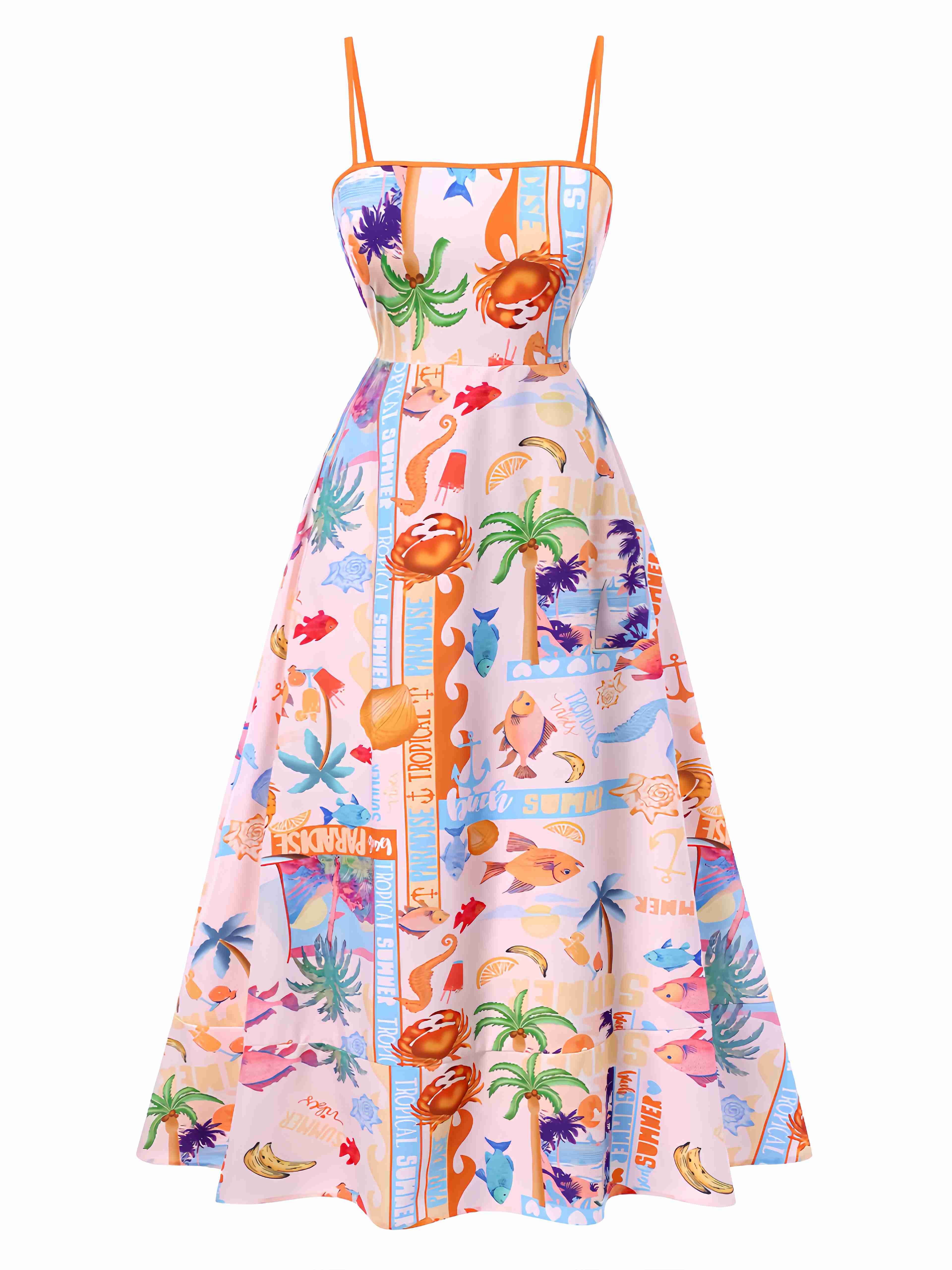 Robe longue à bretelles multicolore motif vie marine des années 1970