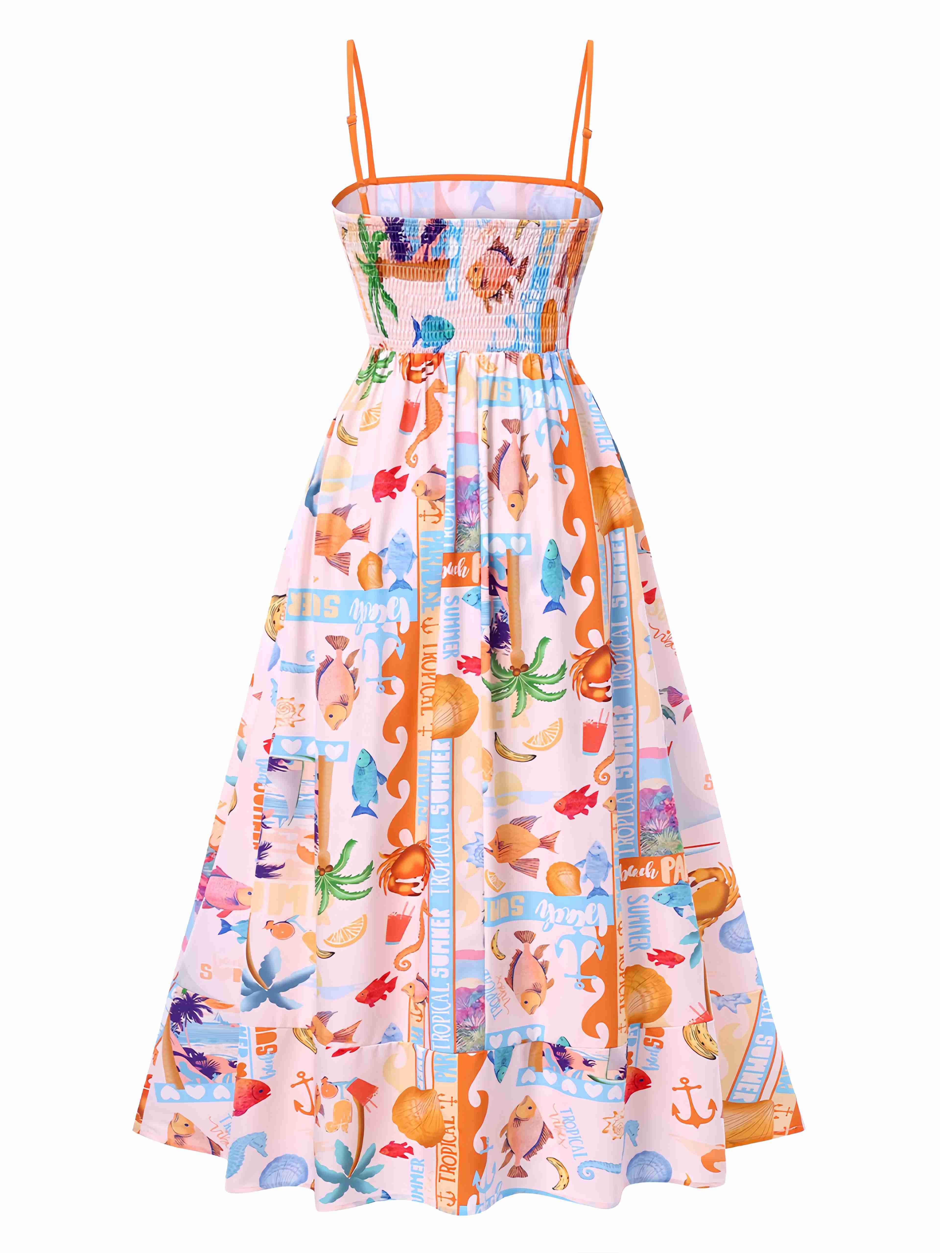 Robe longue à bretelles multicolore motif vie marine des années 1970 - Image 2