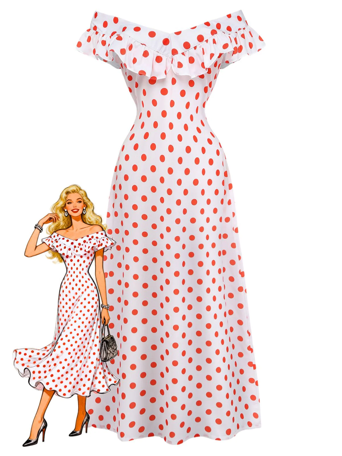 Robe Longue Blanche à Pois Épaules Nues Volantée Années 30