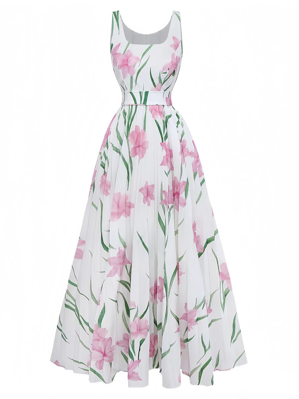 Robe longue blanche sans manches à col rond et imprimé floral années 1930