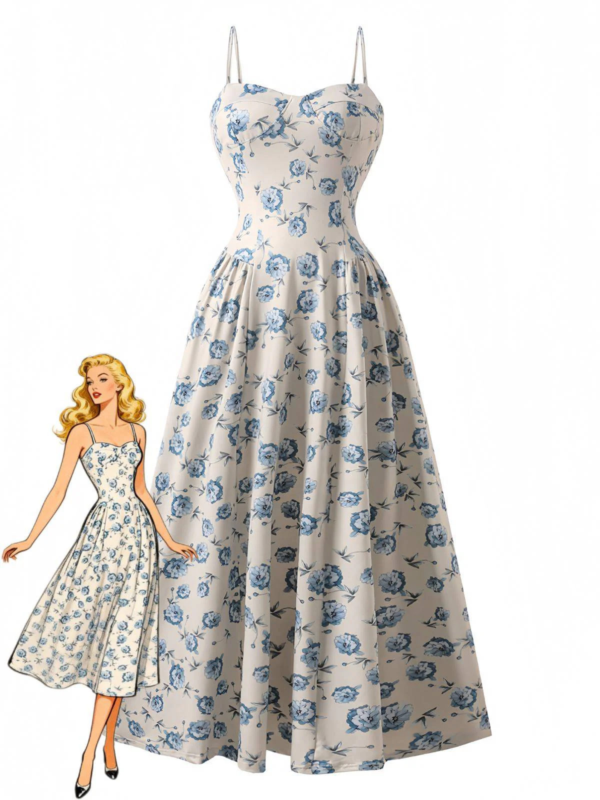 Robe longue bleue à fines bretelles et imprimé floral années 1930