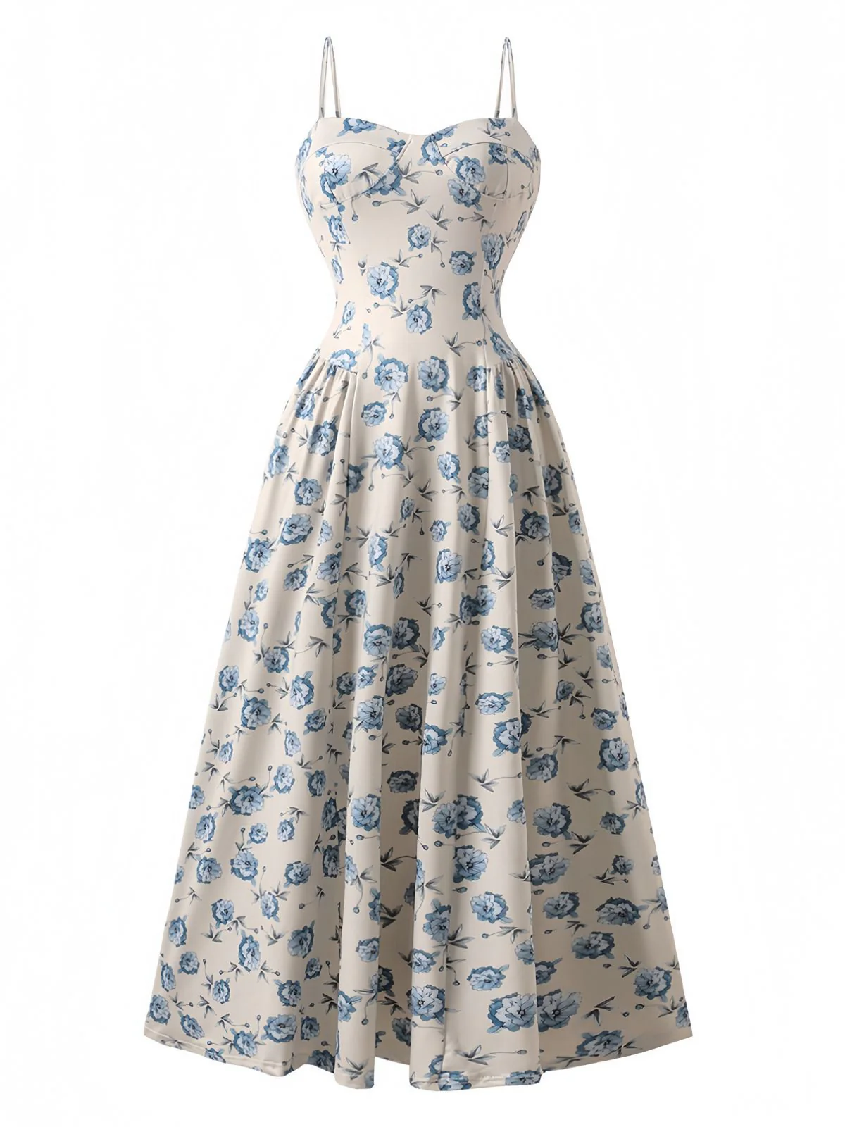 Robe longue bleue à fines bretelles et imprimé floral années 1930 - Image 2