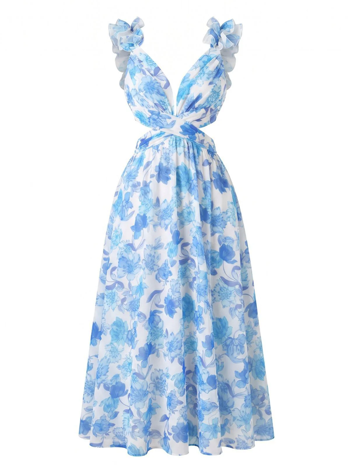 Robe Longue Bleue Florale Bretelles Volants Années 1950 - Image 2