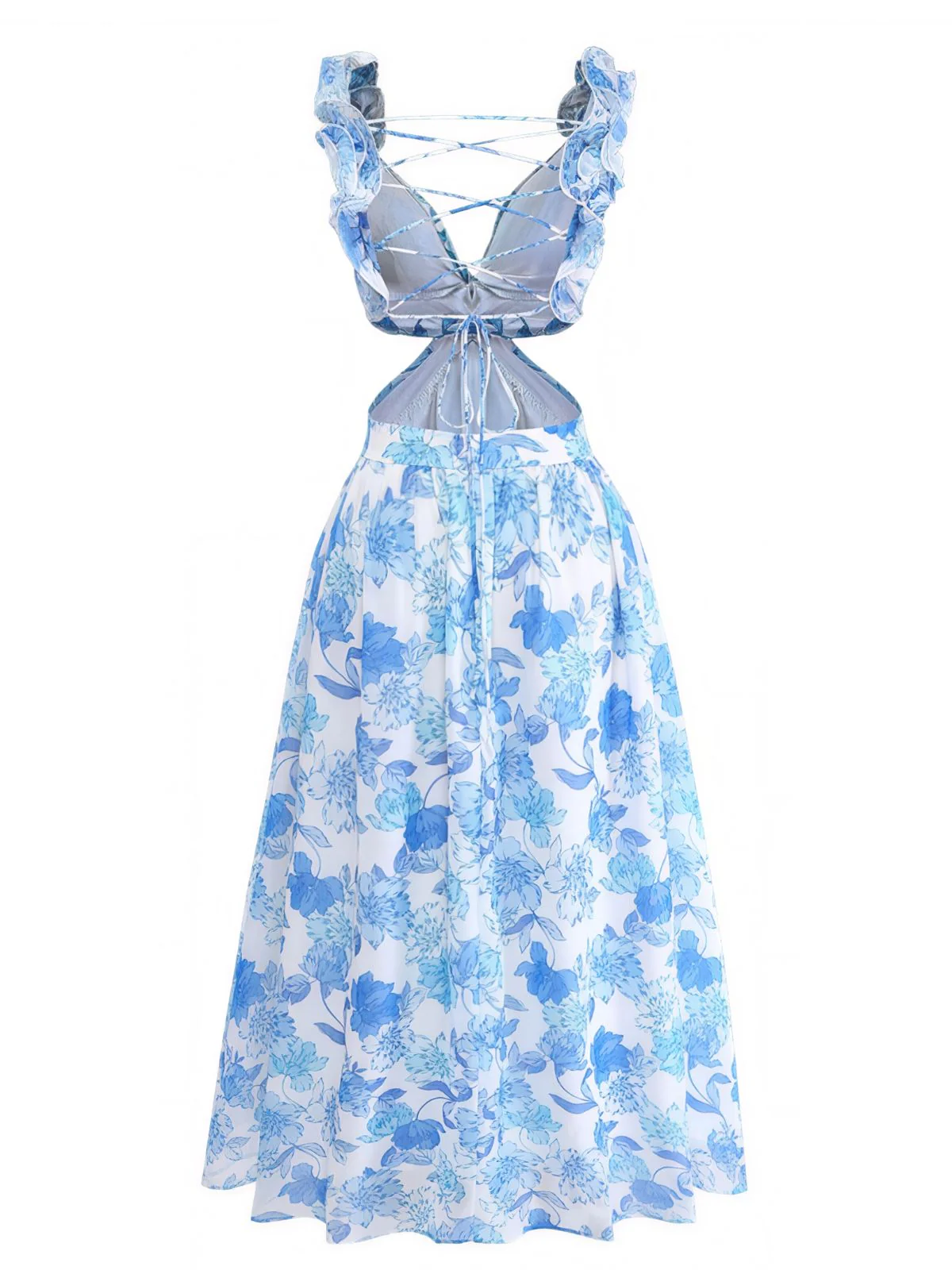 Robe Longue Bleue Florale Bretelles Volants Années 1950 - Image 3